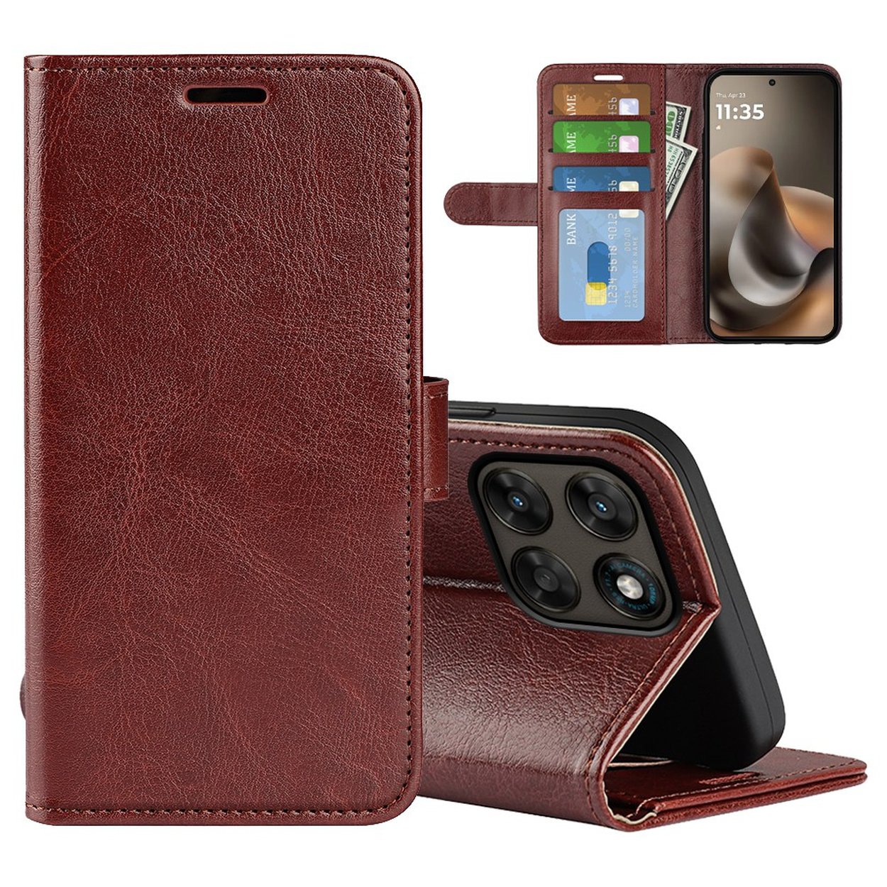 Étui portefeuille en cuir marron pour téléphone avec fentes pour cartes et écran.