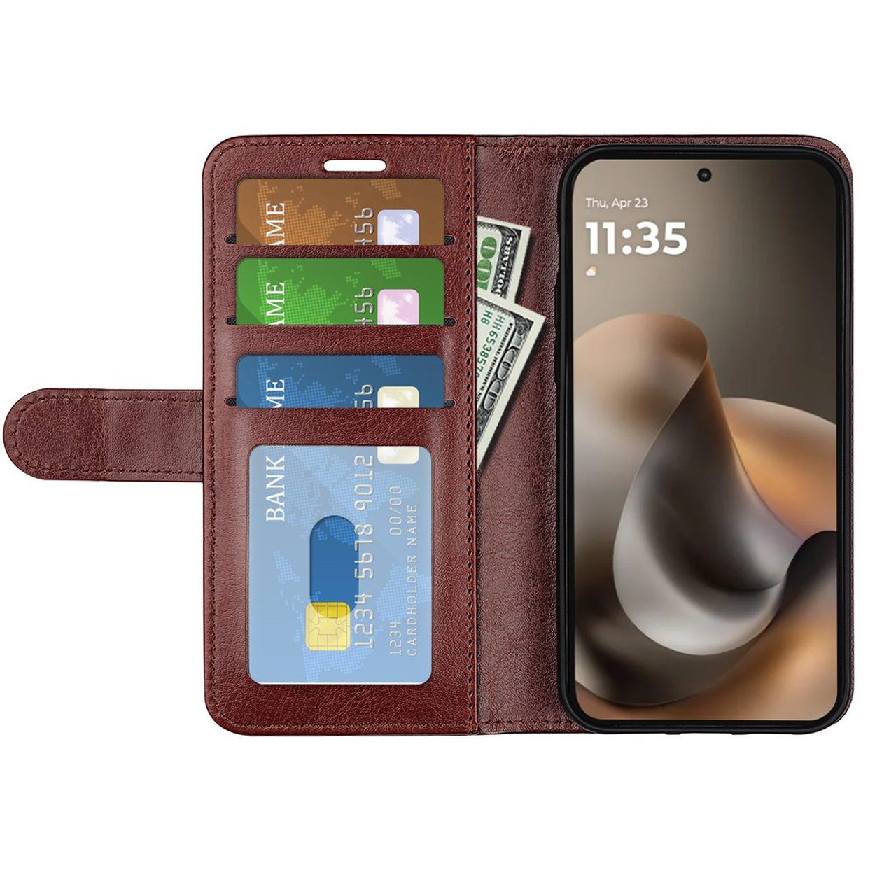 Portefeuille marron avec téléphone, cartes et argent.