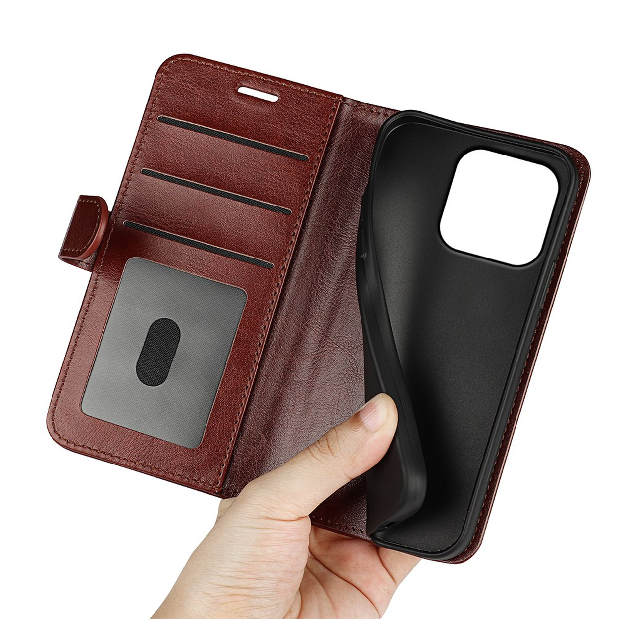 Étui de téléphone en cuir marron avec fentes pour cartes et fenêtre, en cours d'ouverture.