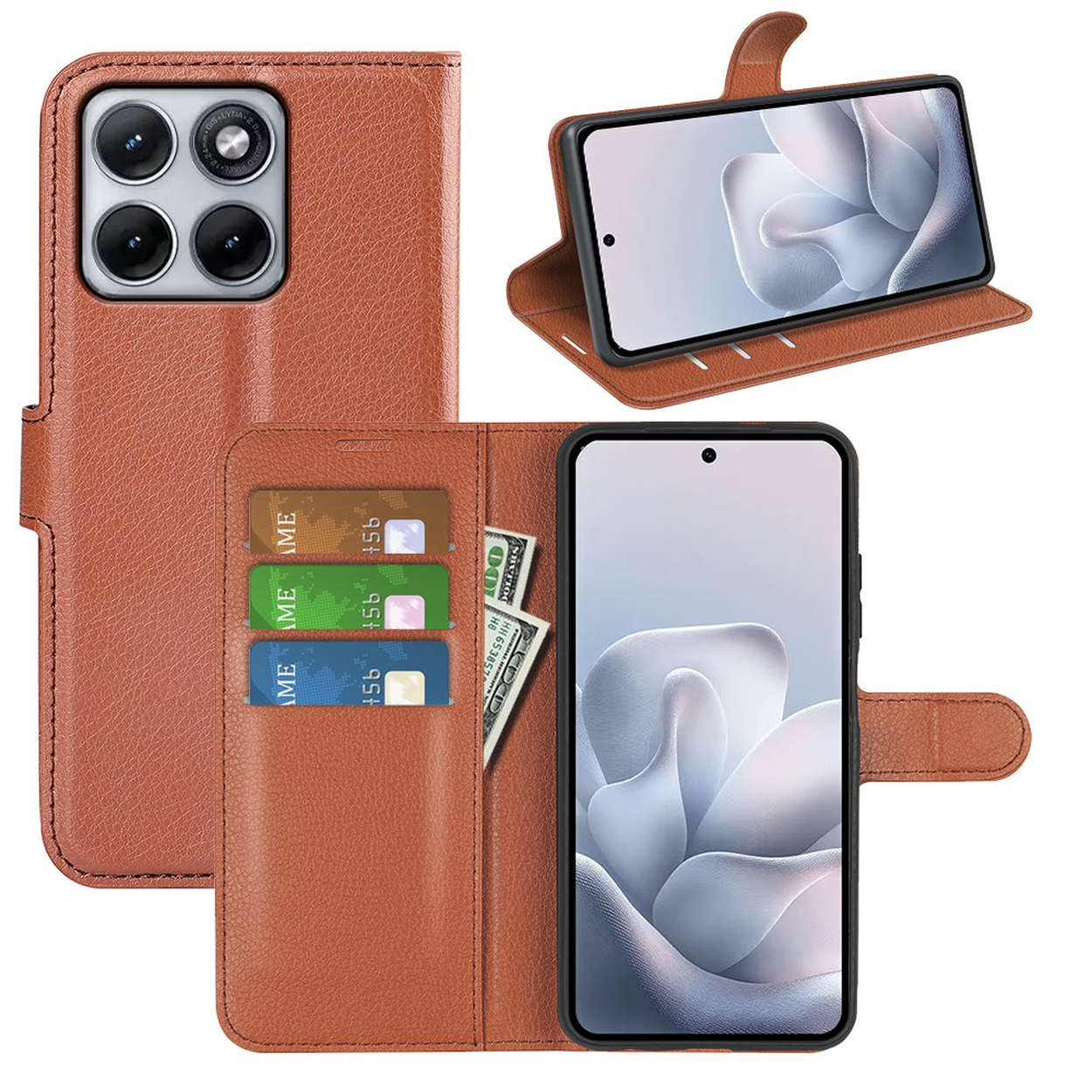 Étui en cuir marron pour téléphone avec fentes pour cartes, argent et objectifs.