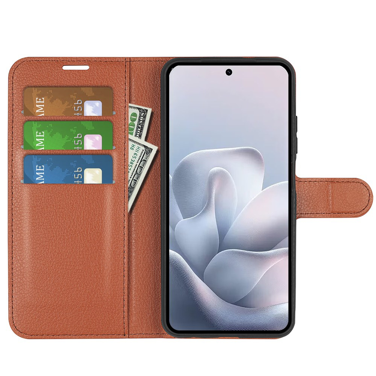 Étui de téléphone marron avec fentes pour cartes et billets, ouvert montrant le téléphone.