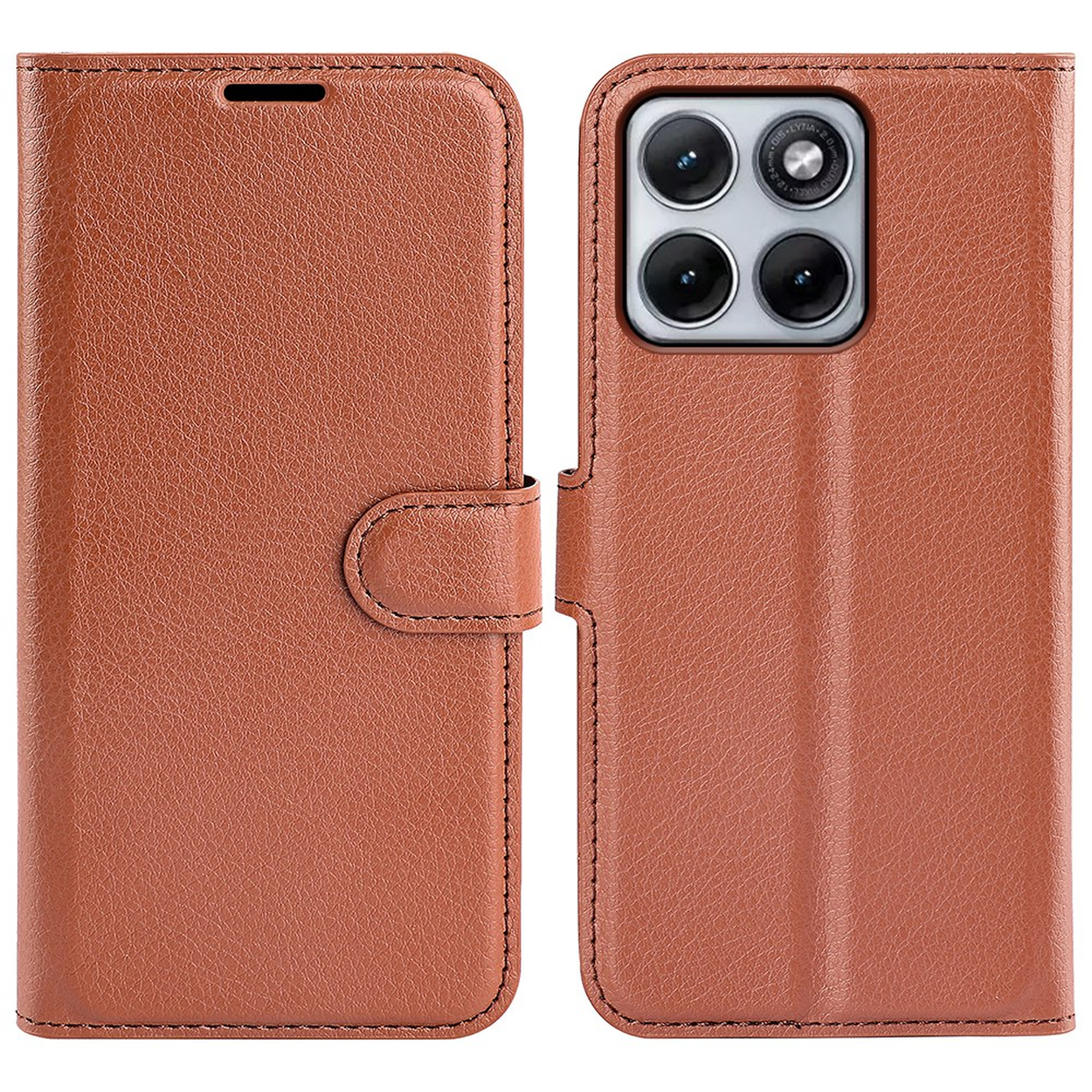 Étui de téléphone en cuir marron avec système caméra et fermoir.