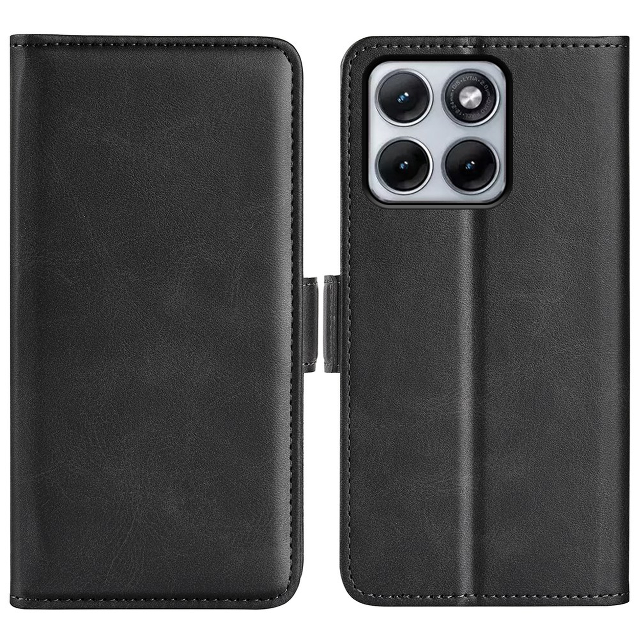 Étui portefeuille en cuir noir pour téléphone, ouvert montrant la caméra.