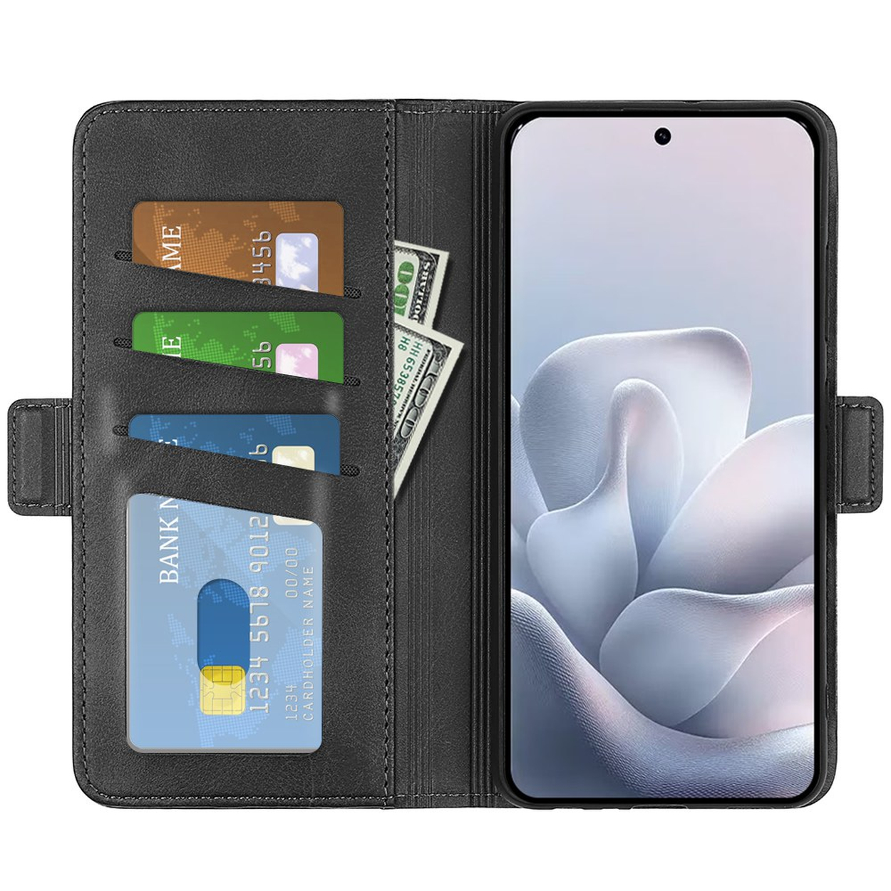 Portefeuille noir avec téléphone, cartes de crédit et billets.