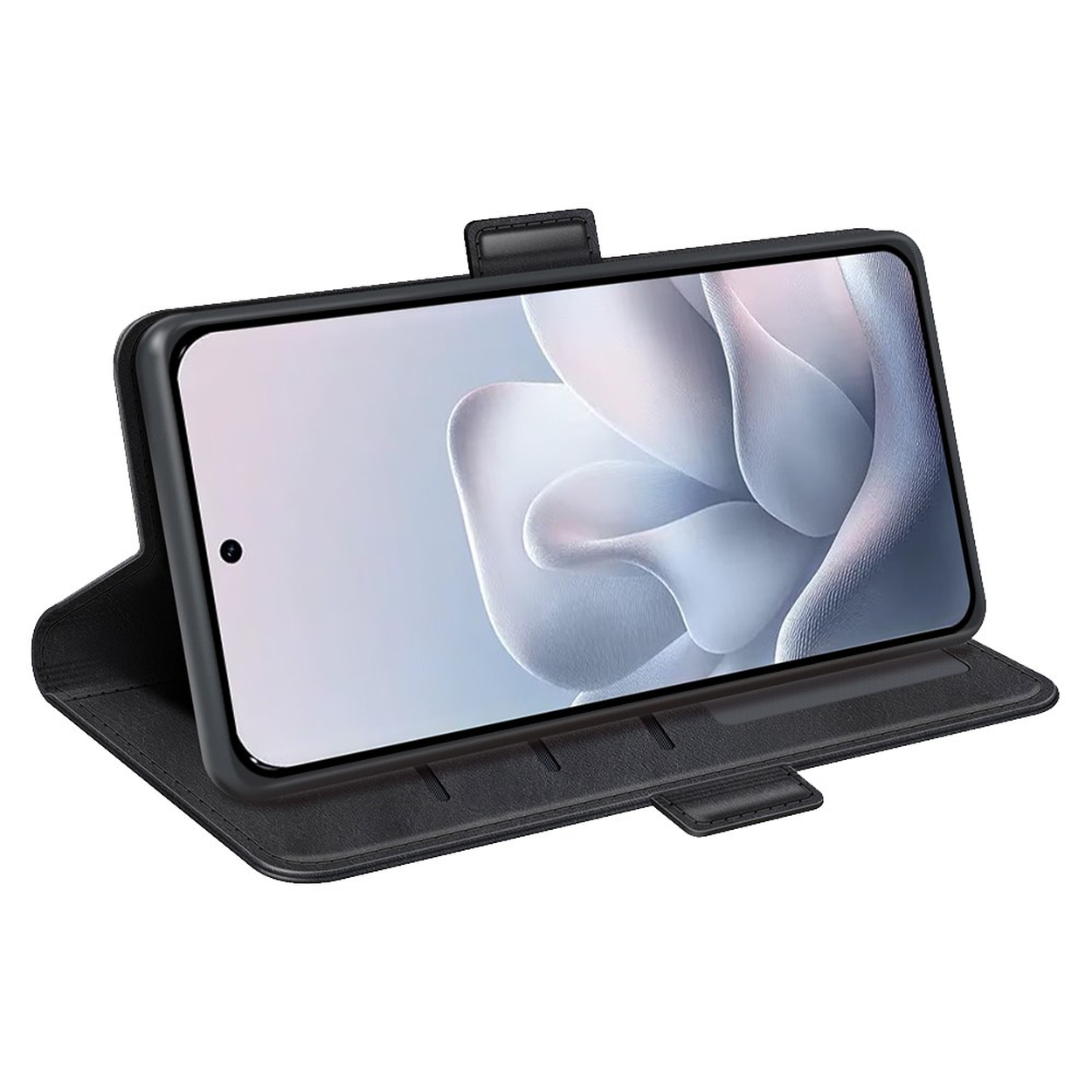 Un étui portefeuille noir est ouvert, tenant un smartphone avec un fond d'écran floral gris clair.