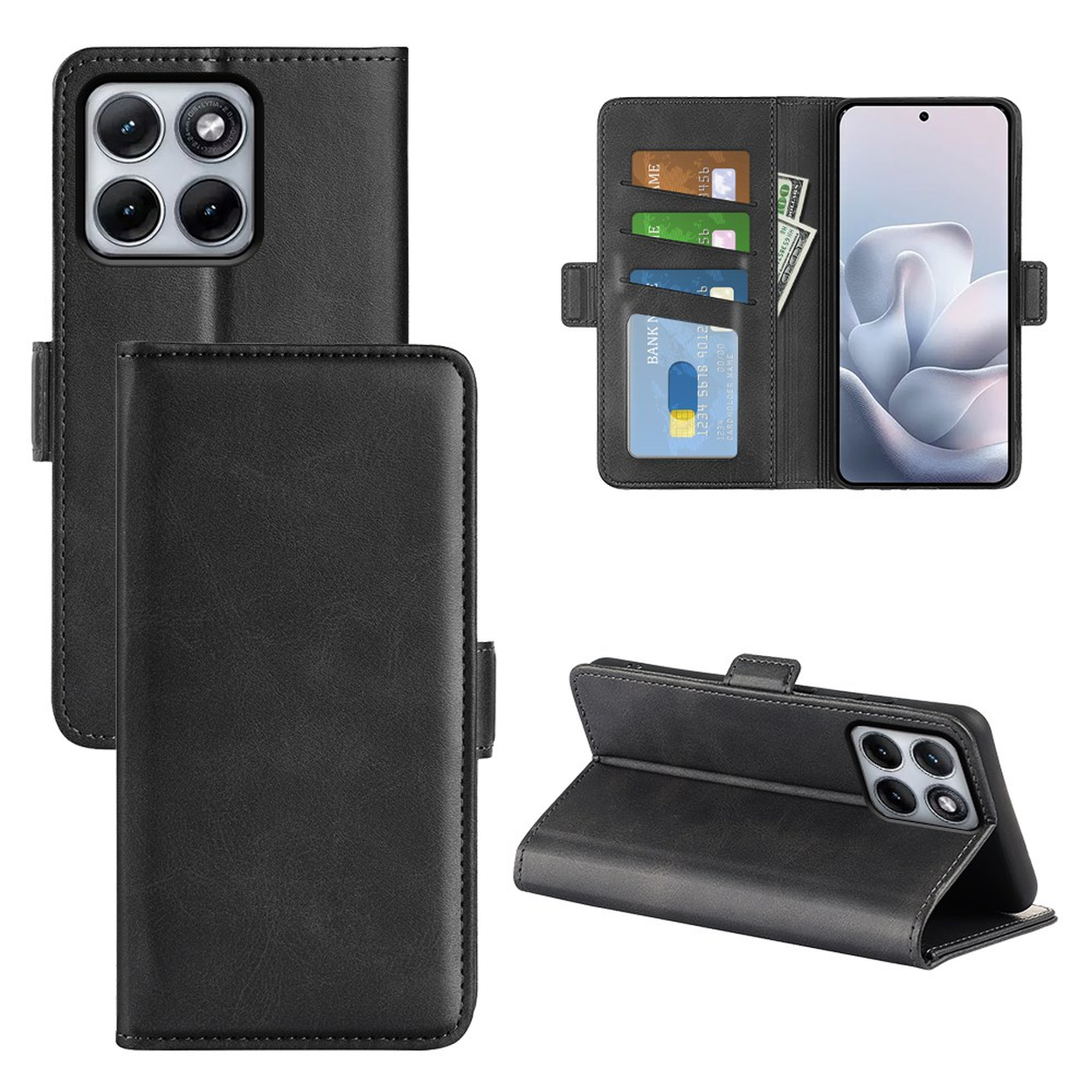 Coque de téléphone noire avec fentes pour cartes et découpe caméra.