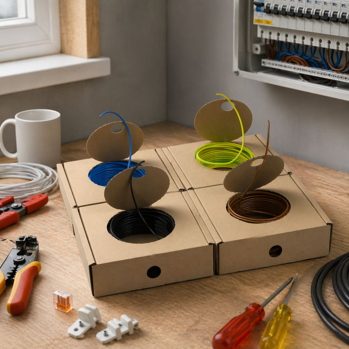 Electrical wire spools in blue, green, brown, and black on a wooden table.