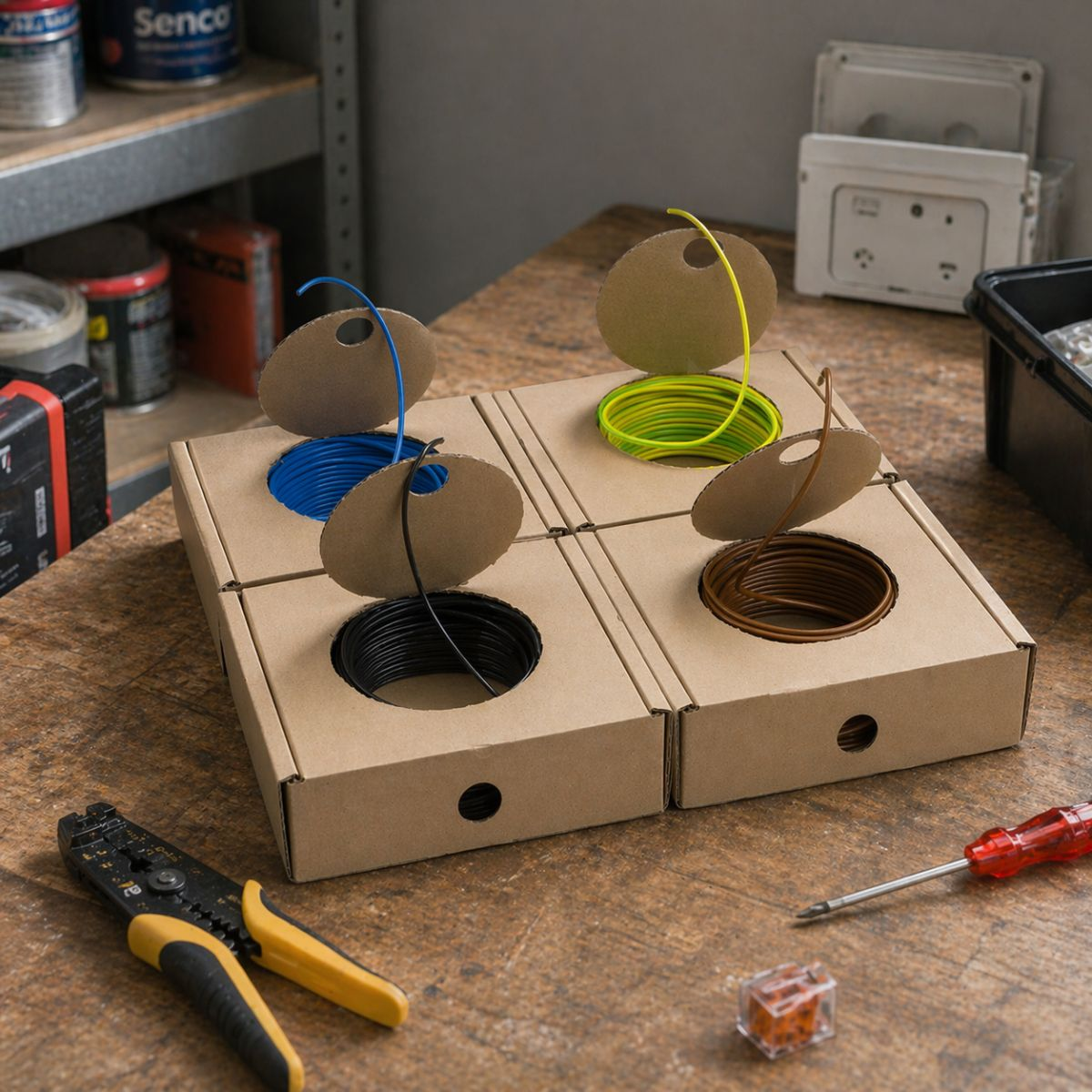 Four spools of wire in brown, green/yellow, blue, and black on a wooden table.