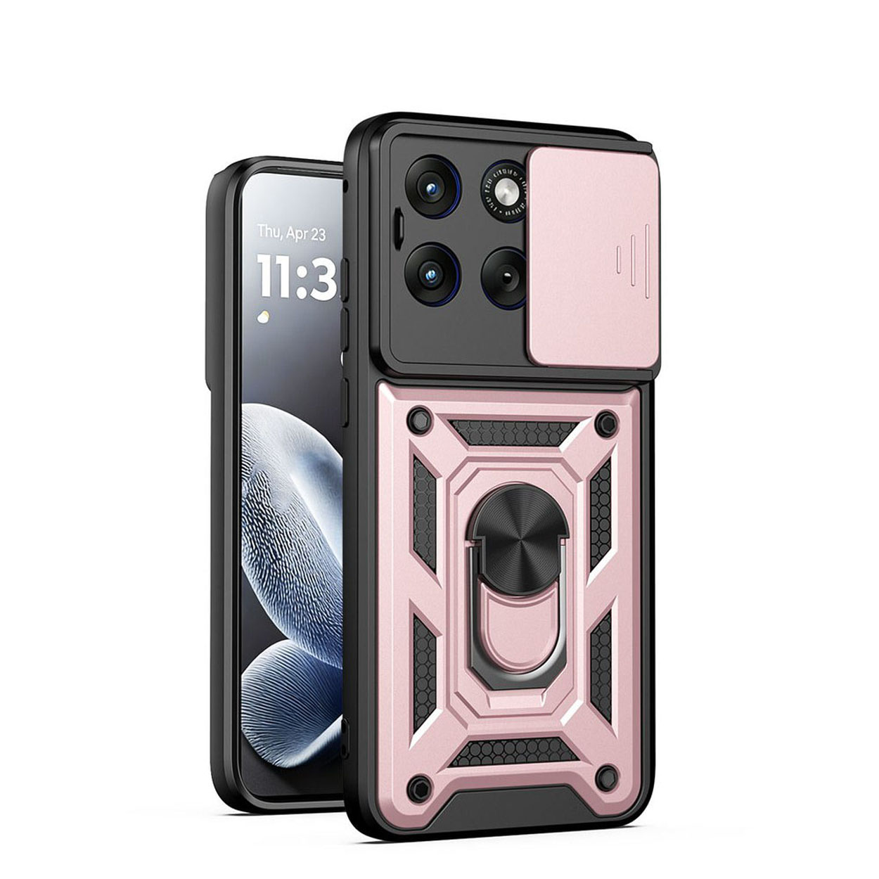Een roségouden telefoonhoes met camerabescherming en ringhouder.