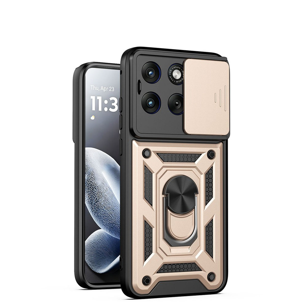 Une coque de téléphone noire avec cache-caméra doré et support bague.