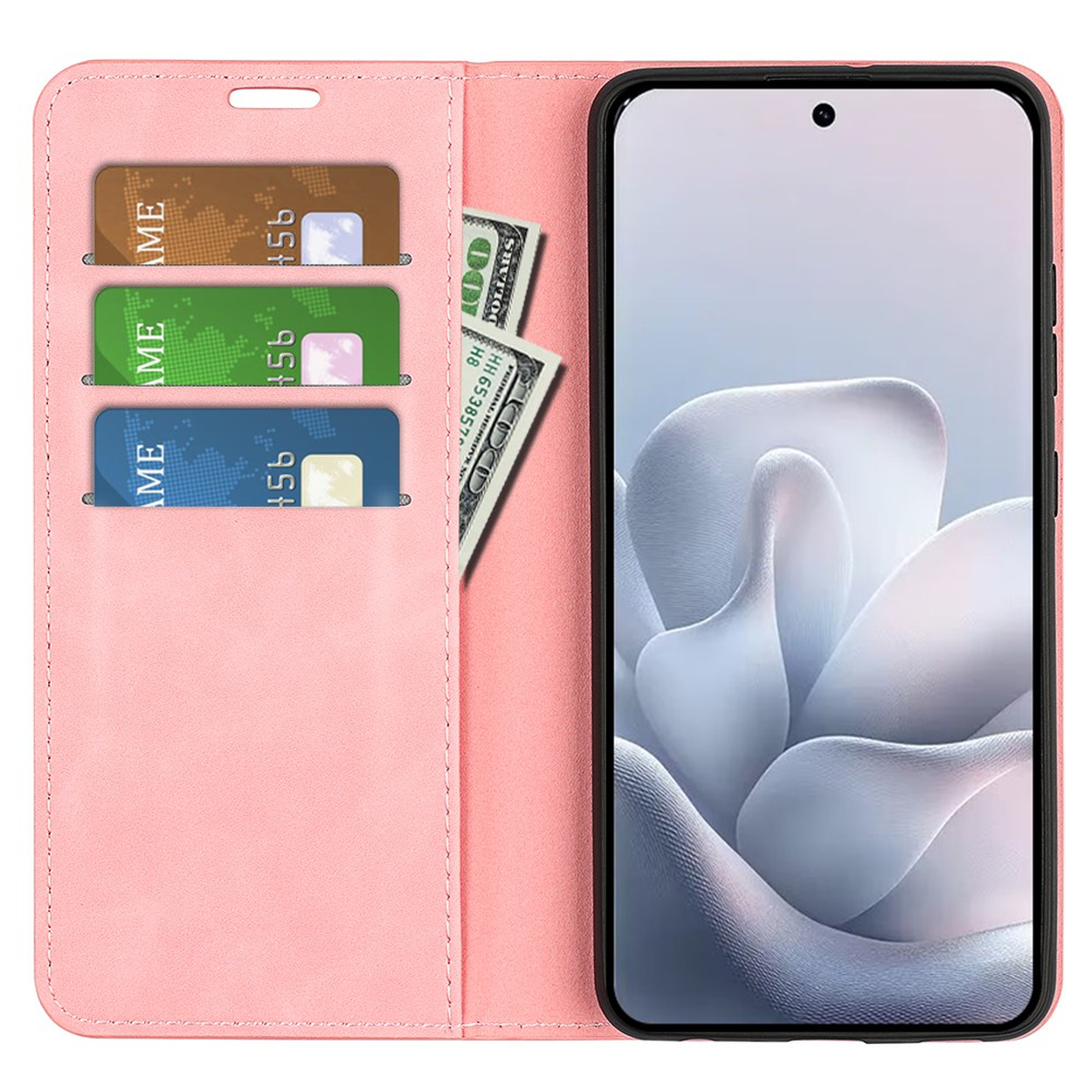 Un étui de téléphone rose avec des fentes pour cartes et des billets, à côté d'un smartphone.