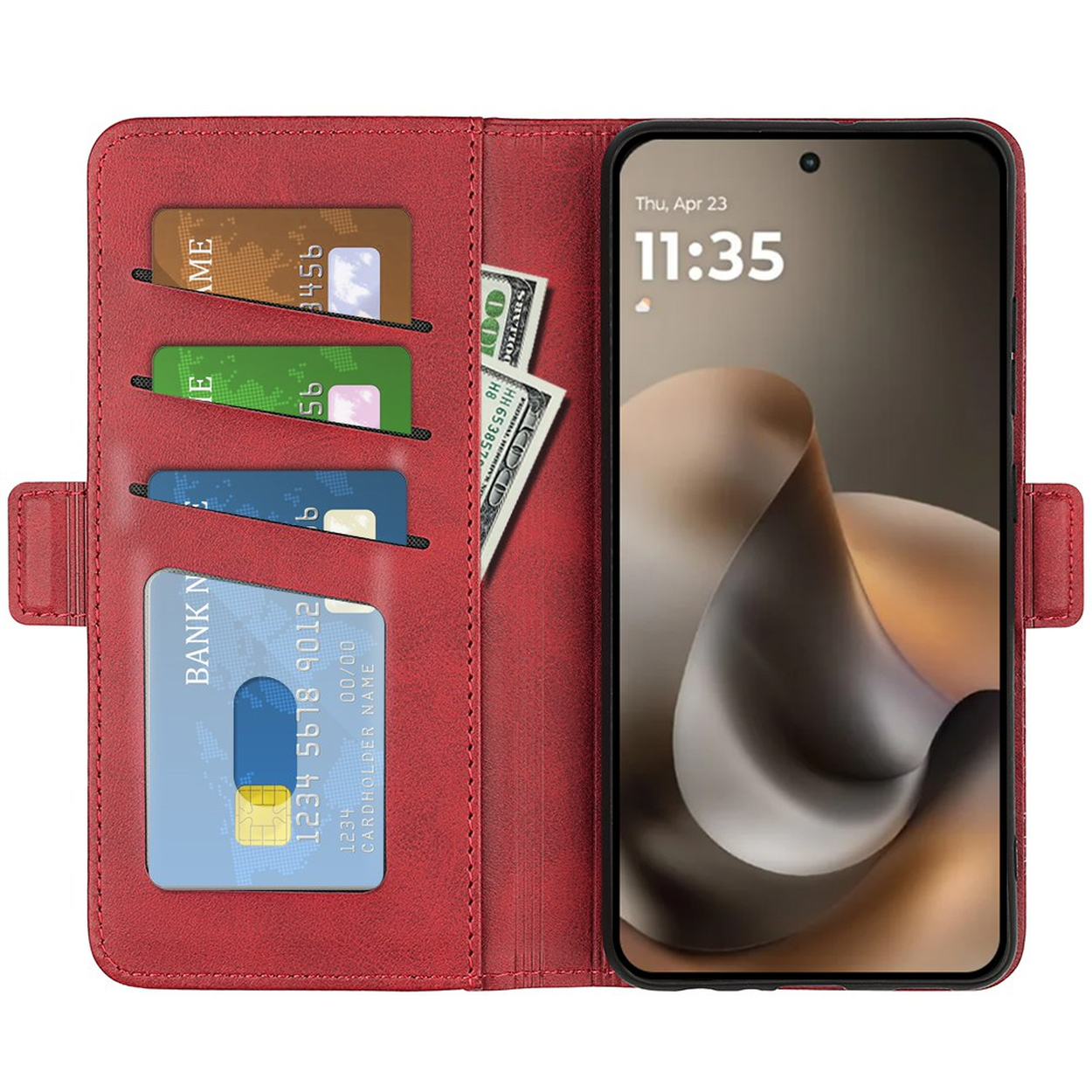 Rote Brieftasche mit Handy. Bietet Platz für Karten und Bargeld. Handy zeigt 11:35 Uhr.