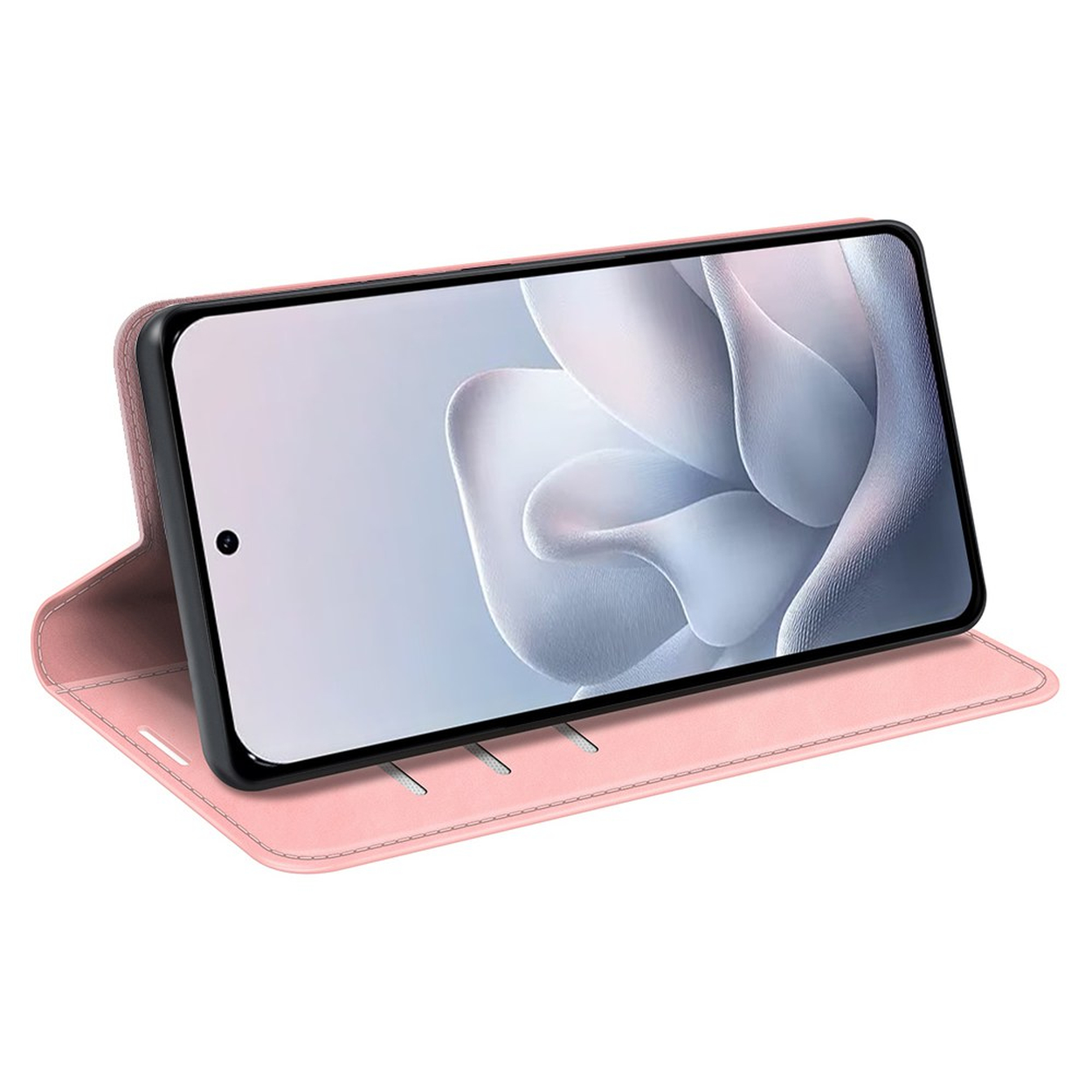 Un étui rose pour smartphone, écran ouvert, affichant une image abstraite.