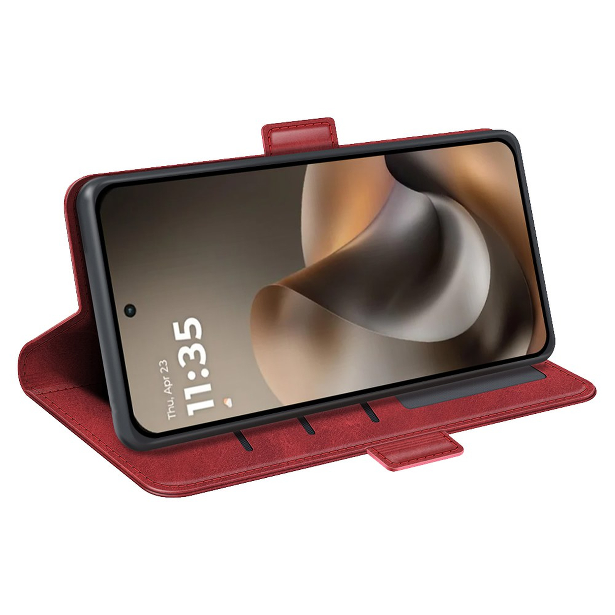 Eine rote Lederhülle hält ein Smartphone mit der Uhrzeit 11:35.