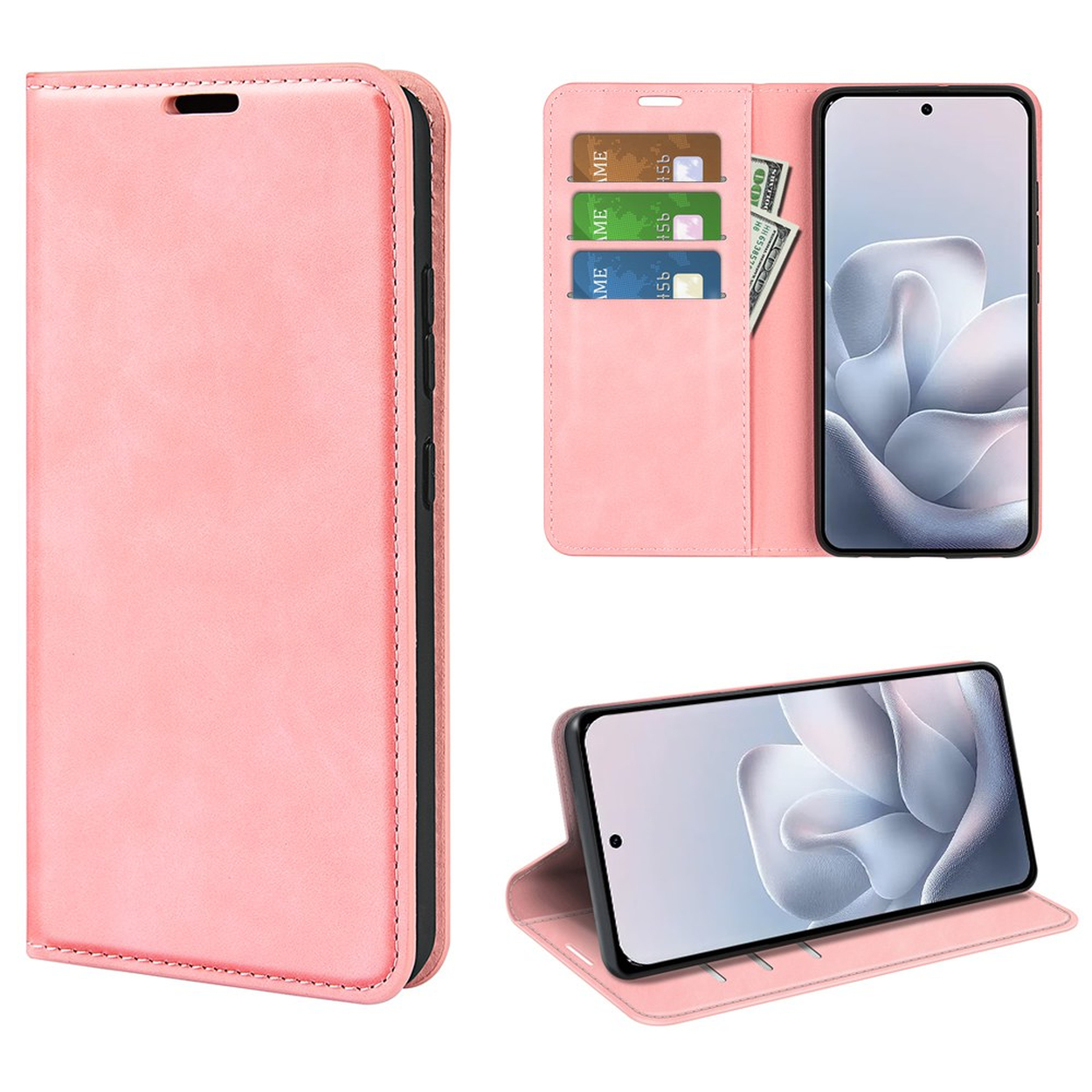 Un étui portefeuille rose pour téléphone avec porte-cartes et argent.