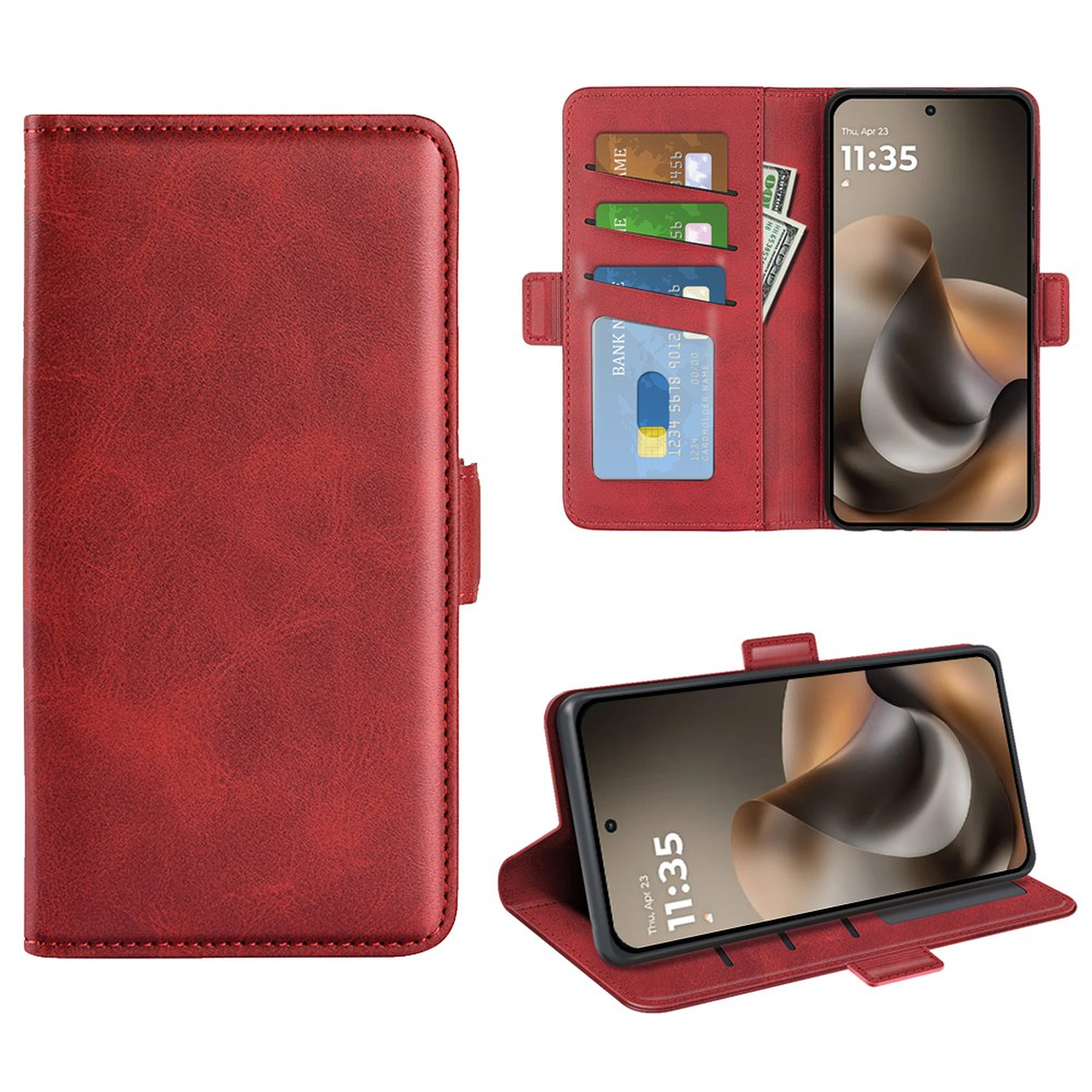 Rotes Leder-Flip-Handyhülle mit Kartenfächern und Geldscheinfach, zeigt ein Smartphone.