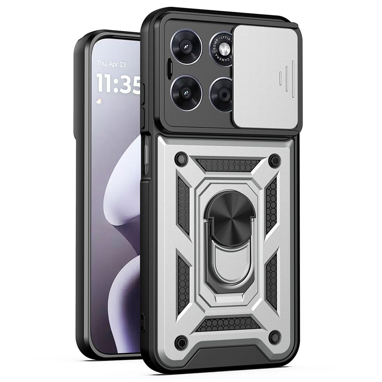 Coque de téléphone noire avec accents argentés, cache-appareil photo et support bague.