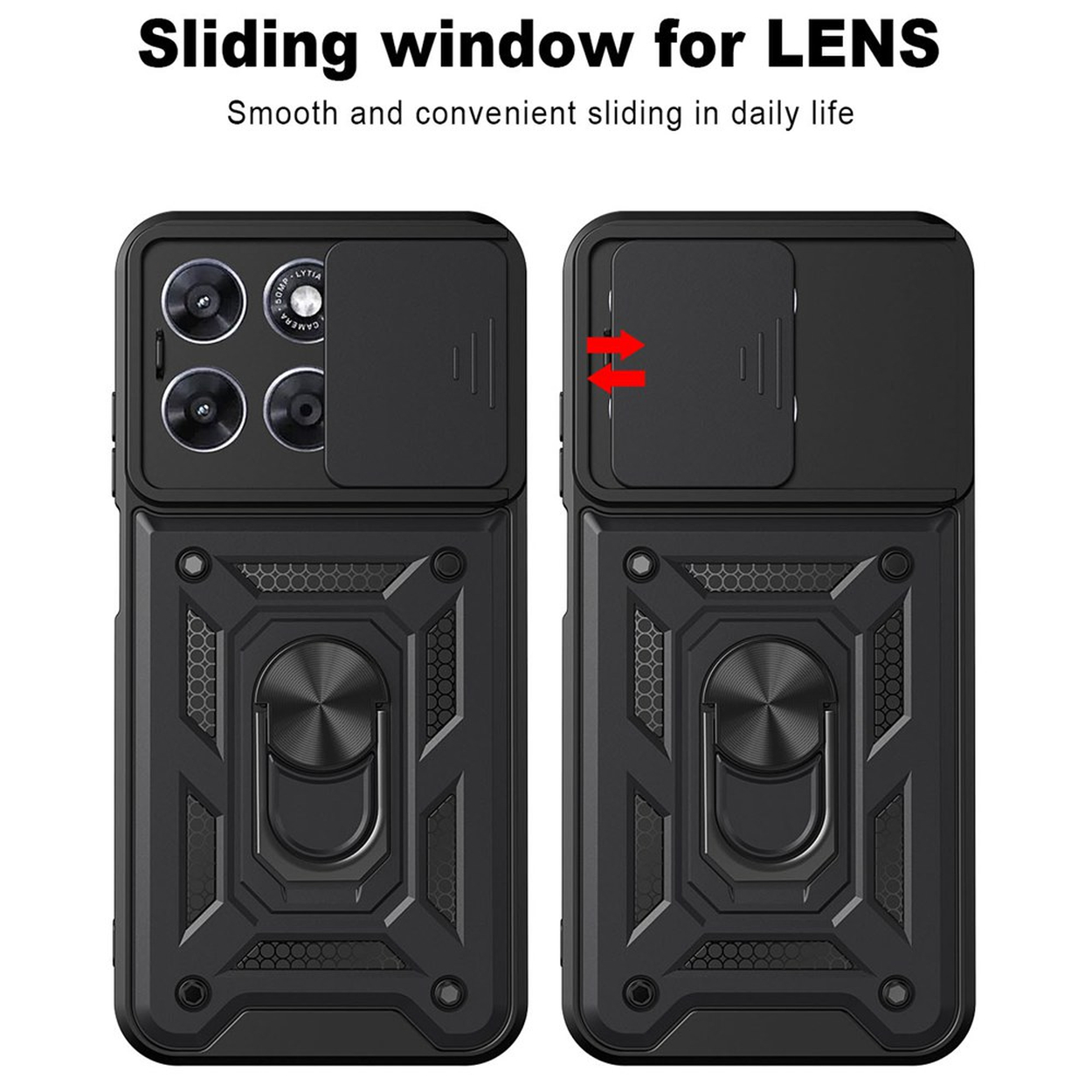 Coque de téléphone noire avec cache coulissant pour appareil photo et bague.