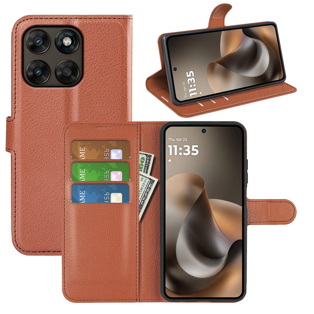 Étui portefeuille en cuir marron avec téléphone, fentes pour cartes et argent.