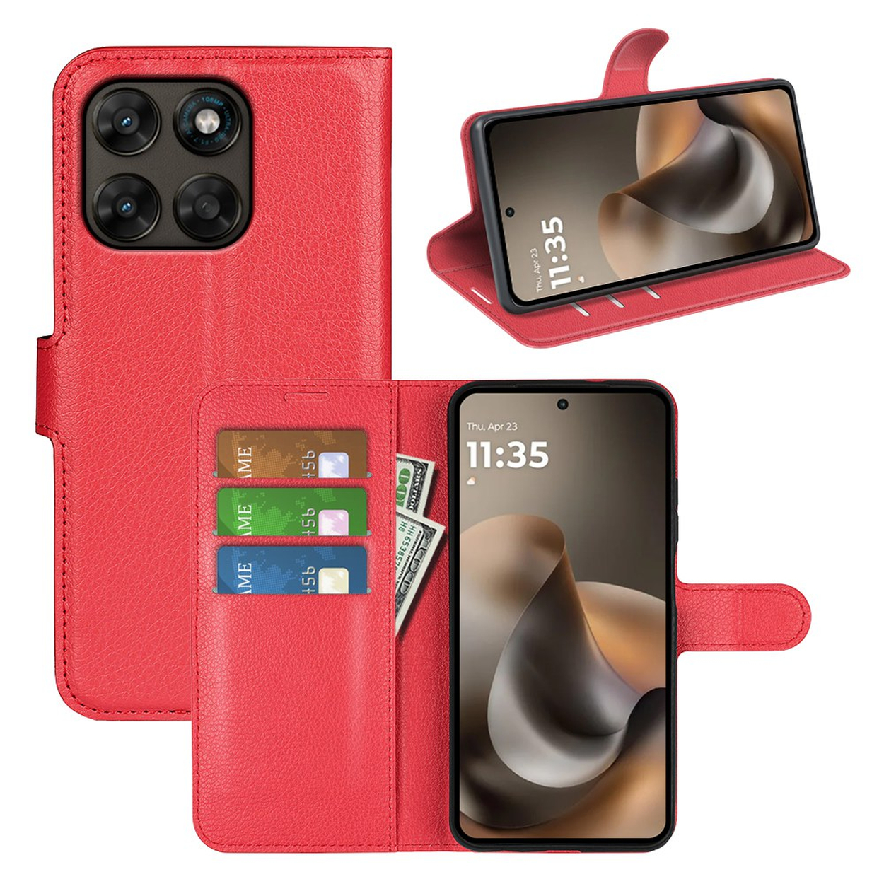 Étui de téléphone rouge avec fentes pour cartes, argent et téléphone.
