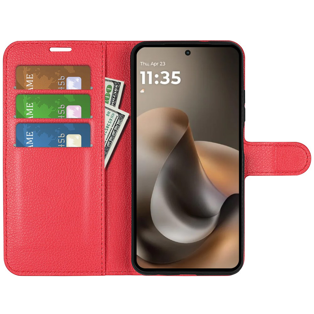 Étui de téléphone rouge avec fentes pour cartes et billets. Le téléphone affiche l'heure.