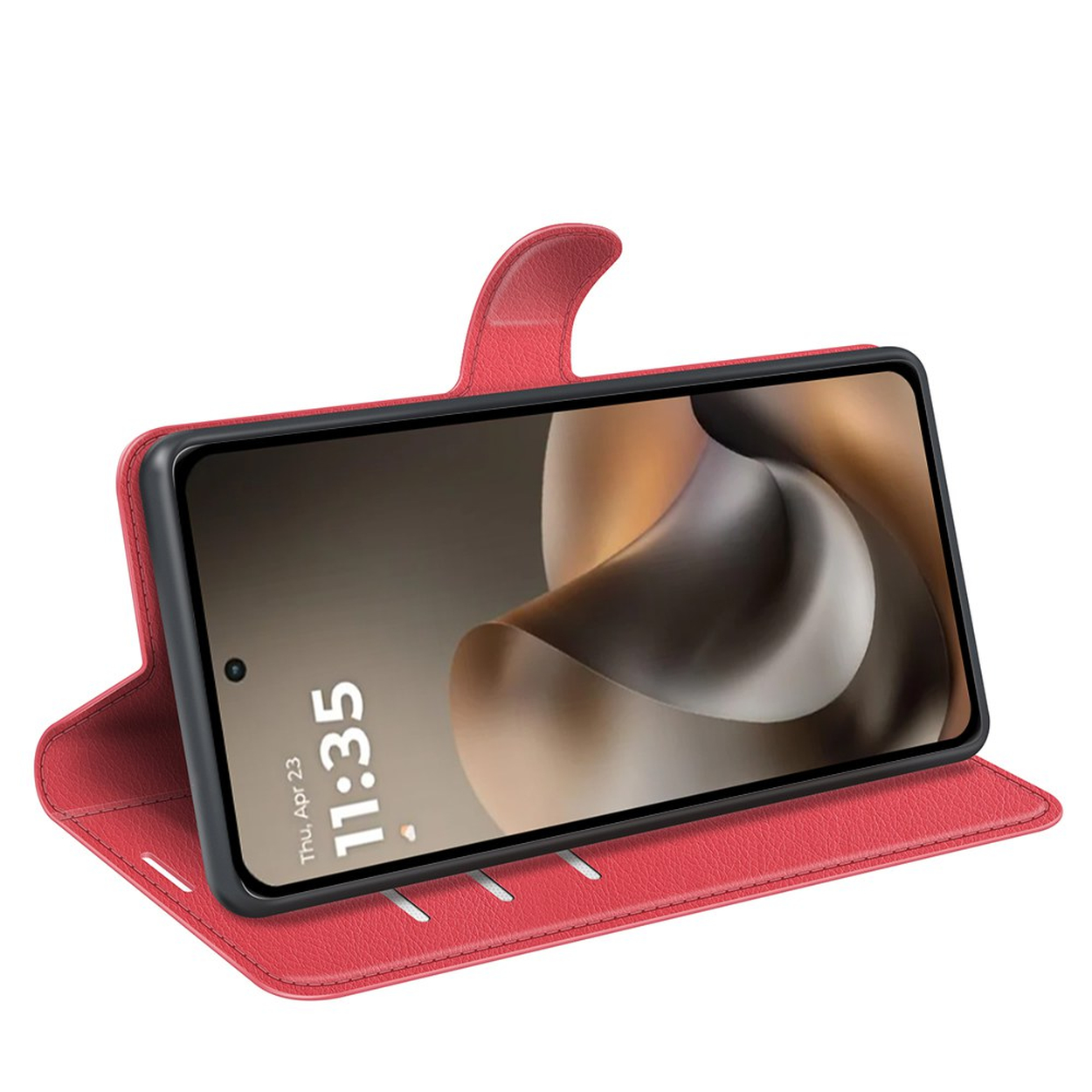 Un smartphone noir dans un étui en cuir rouge est incliné à droite, affichant l'heure "11:35" et la date "Jeu, 23 avril".
