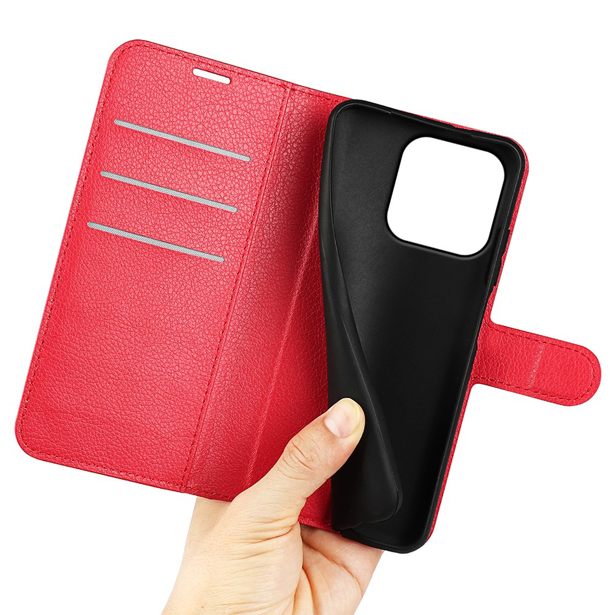 Étui portefeuille en cuir rouge ouvert, montrant des fentes pour cartes et un support noir.