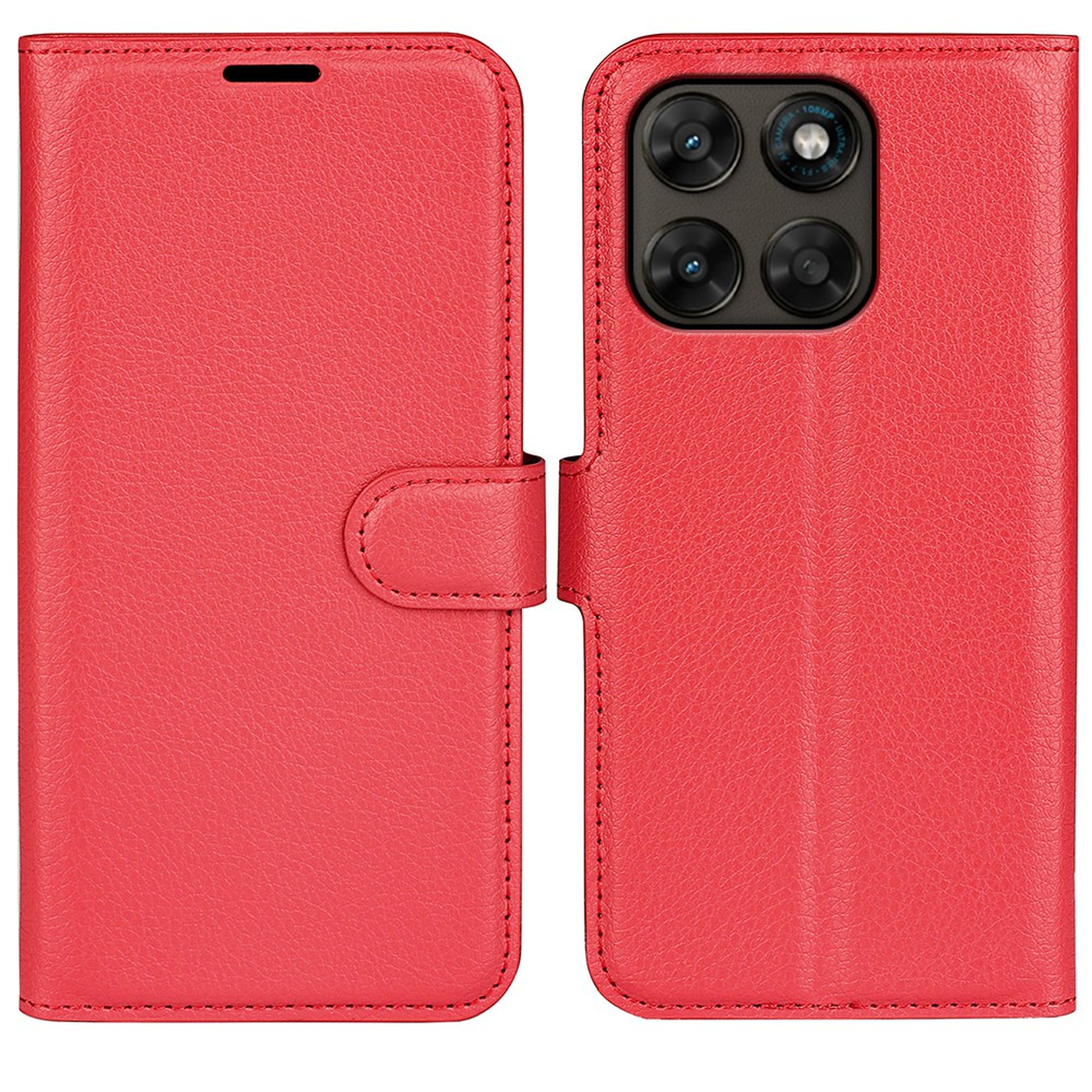 Étui à rabat en cuir rouge pour smartphone avec quadruple appareil photo.