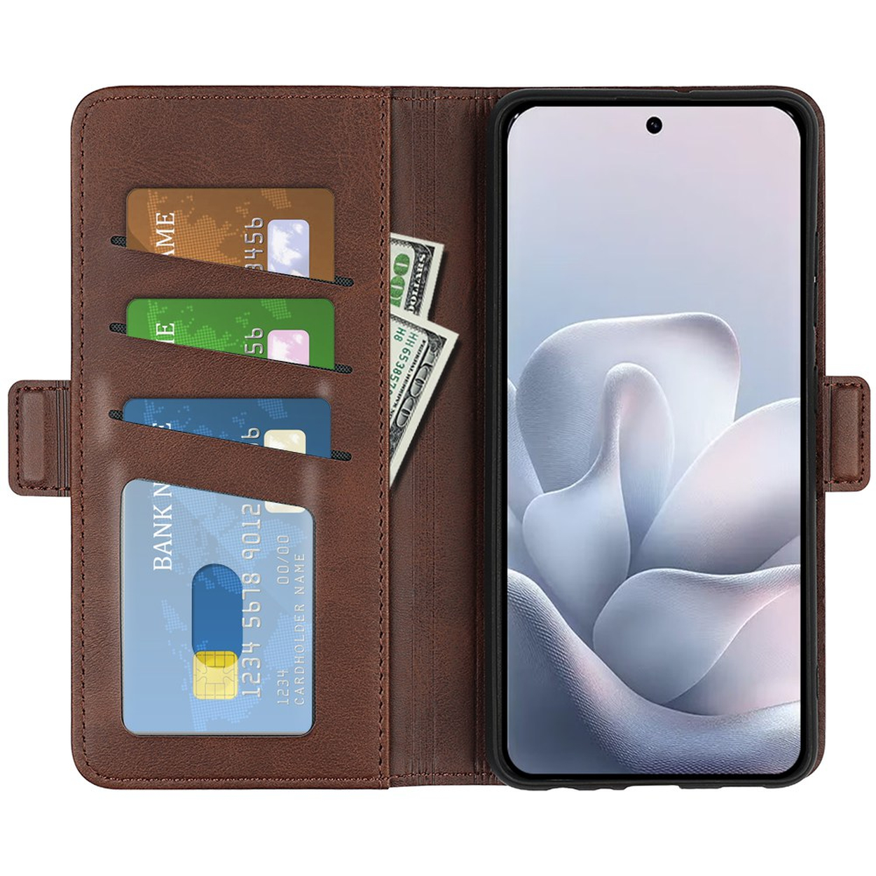 Portefeuille marron avec téléphone, cartes et billets. Fentes.