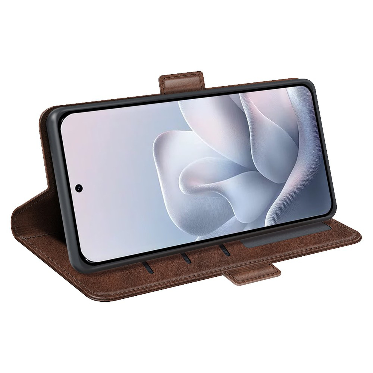 Étui de téléphone marron avec rabat ouvert montrant un smartphone sur fond clair.