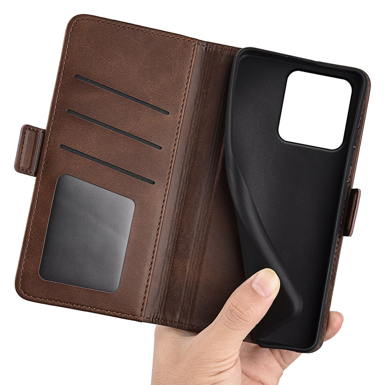 Étui portefeuille en cuir marron pour téléphone, ouvert, montrant des fentes pour cartes et un support.