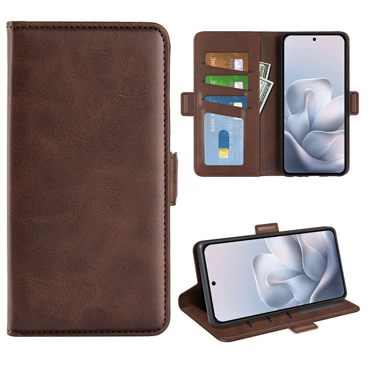 Étui de téléphone en cuir marron avec fentes pour cartes, poche à billets et fonction support.