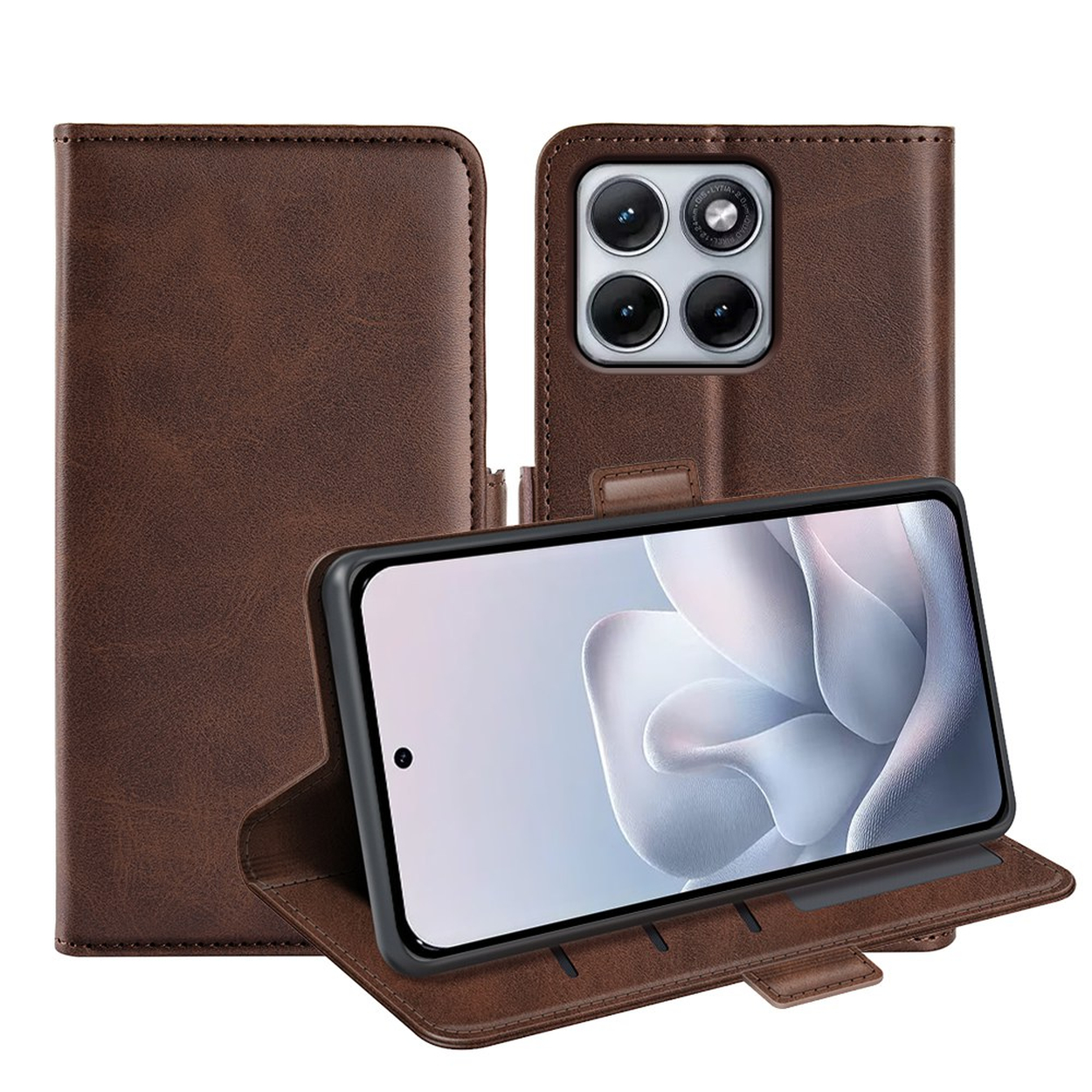 Étui en cuir marron avec rabat ouvert et smartphone exposé.