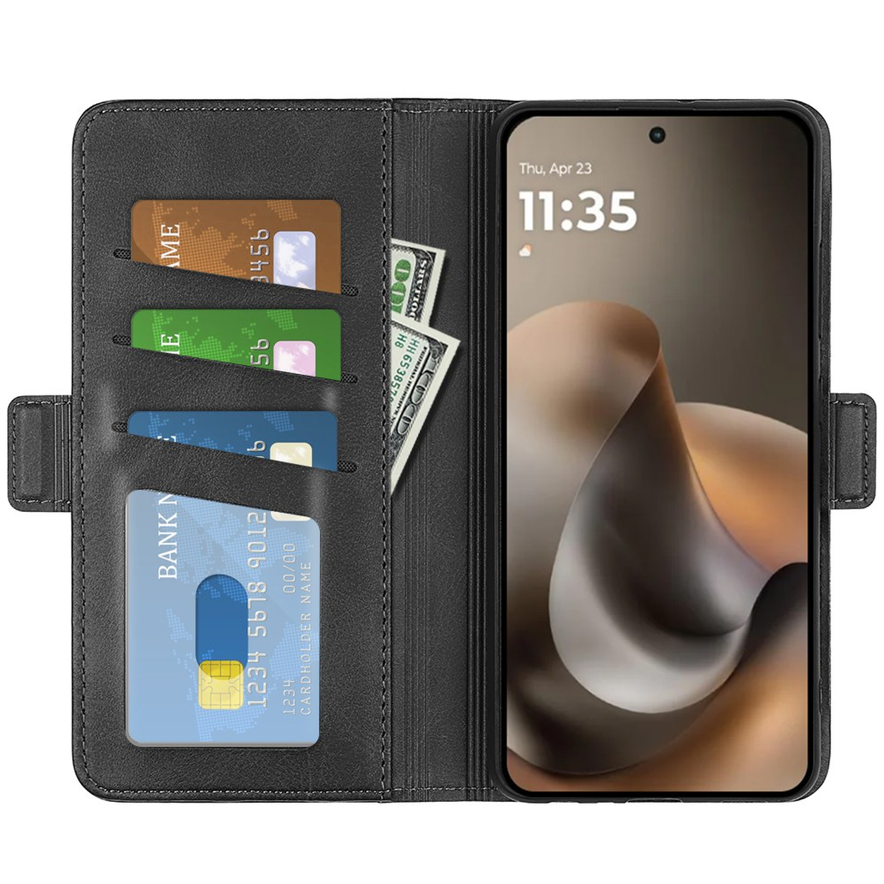 Schwarzes Wallet-Etui mit Handy, Kartenfächern und Geldscheinen.