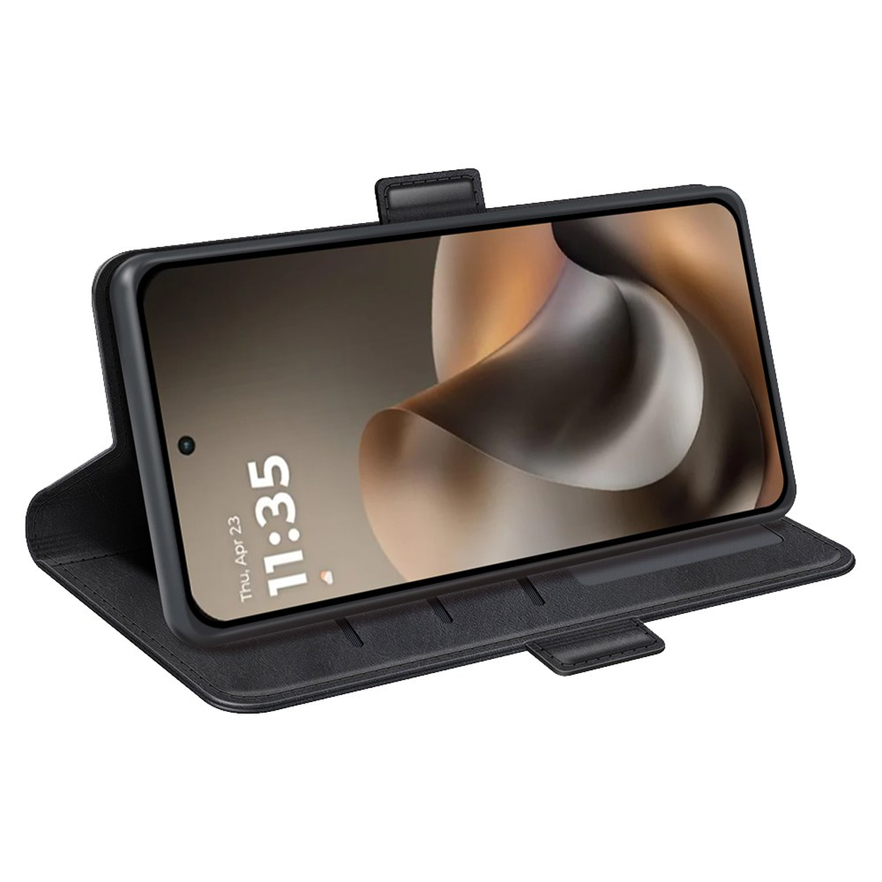 Schwarze Handyhülle in Buchform mit offenem Display, das die Uhrzeit zeigt.