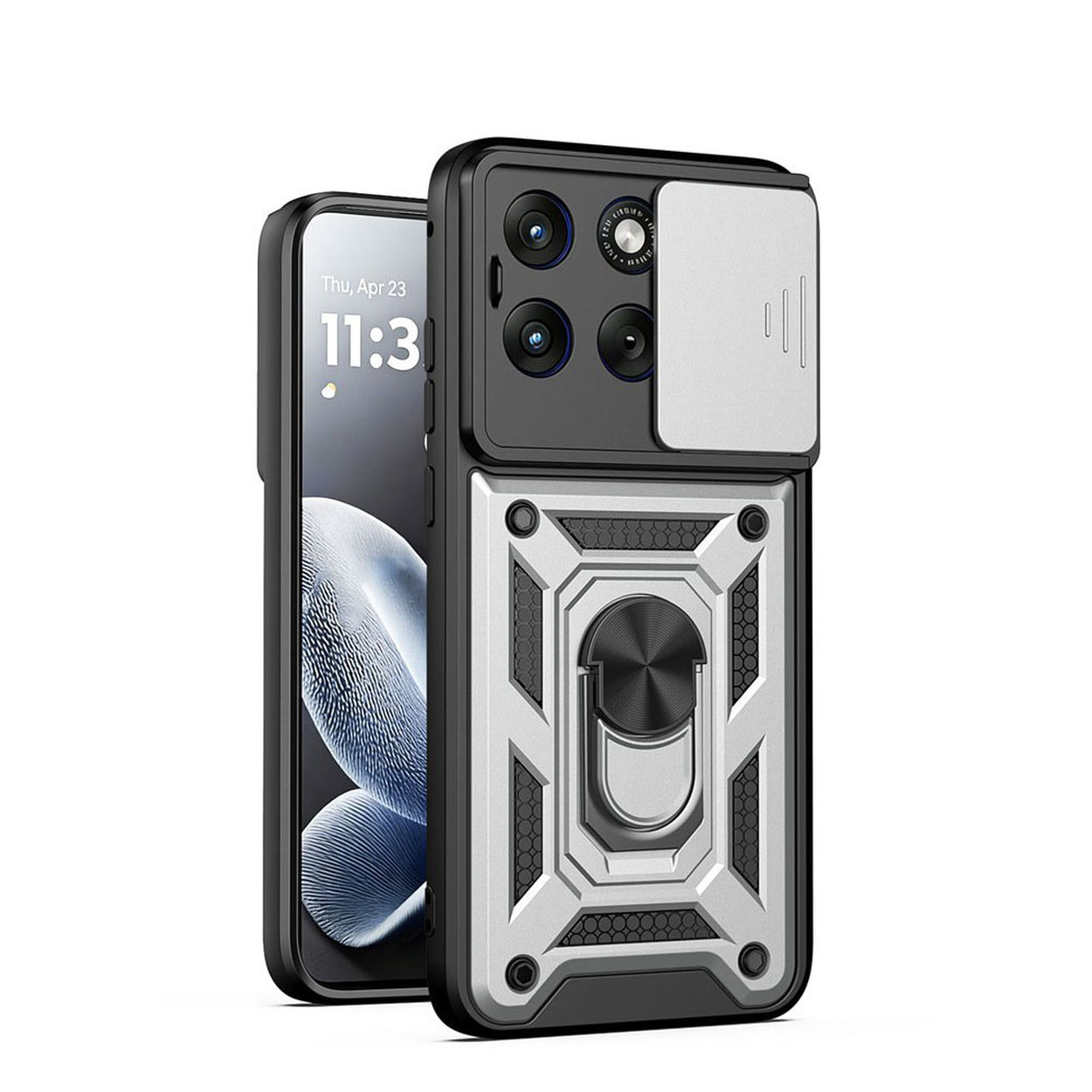 Een zwarte smartphone met beschermhoes met camerabedekking en ringhouder.