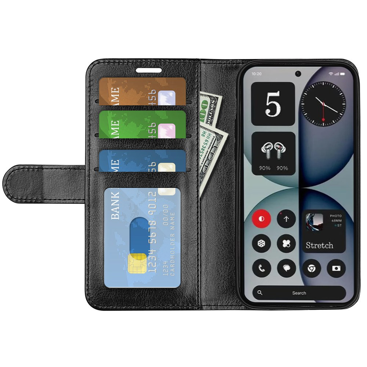 Étui portefeuille noir pour téléphone avec cartes de crédit, argent et téléphone affichant des widgets.