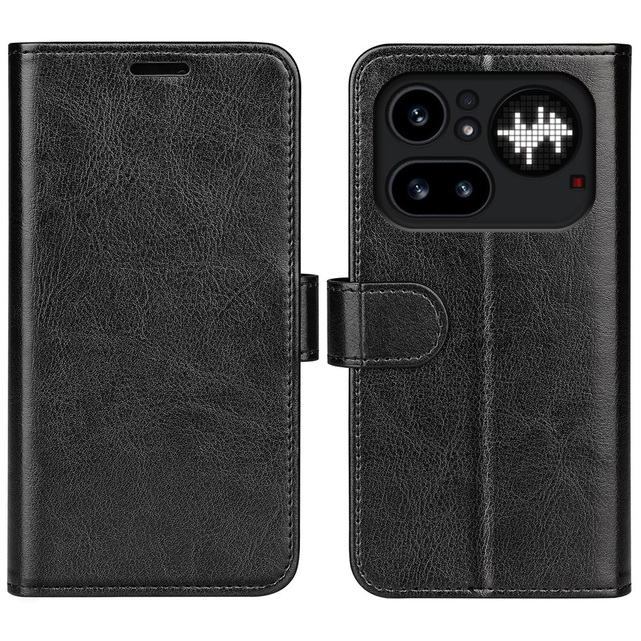 Étui à rabat en cuir noir pour smartphone, avec découpe caméra et motif.
