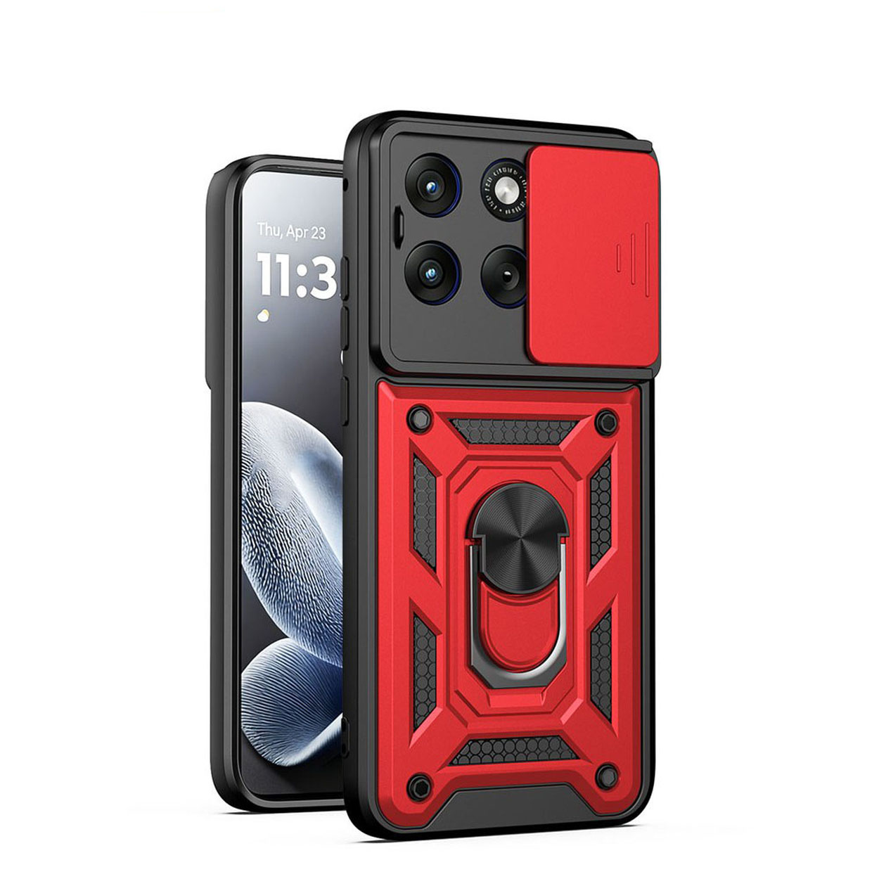 Rood en zwart telefoonhoesje met cameralens en ringstandaard, toont 11:3 uur.