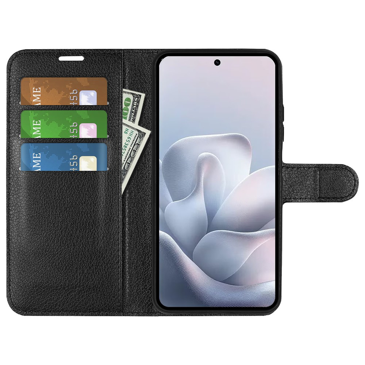 Étui portefeuille en cuir noir avec trois cartes de crédit et dollars américains.
