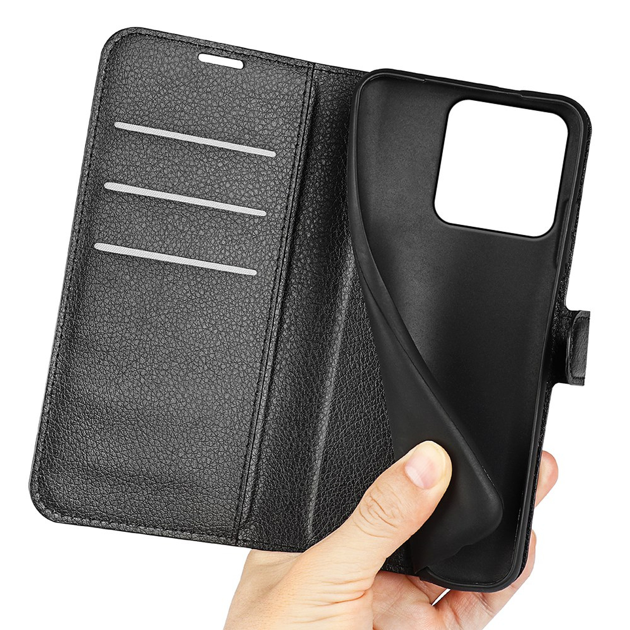 Étui en cuir noir ouvert, montrant des fentes pour cartes et un support.