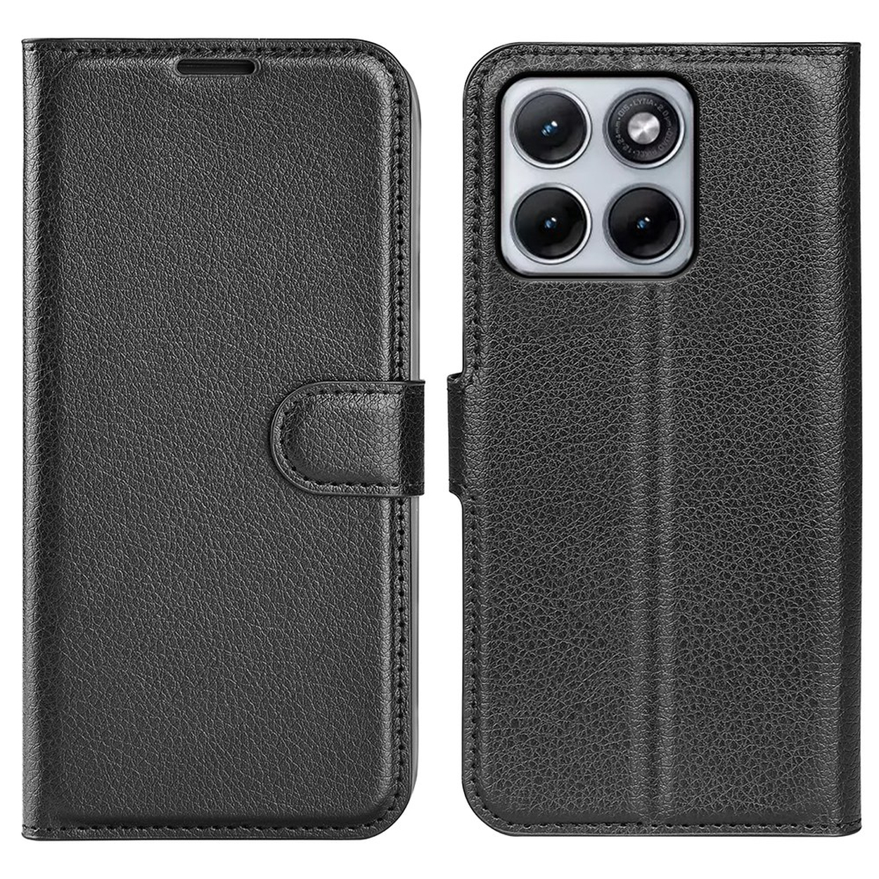 Étui de téléphone en cuir noir, ouvert, montrant le bloc caméra et la couverture texturée.