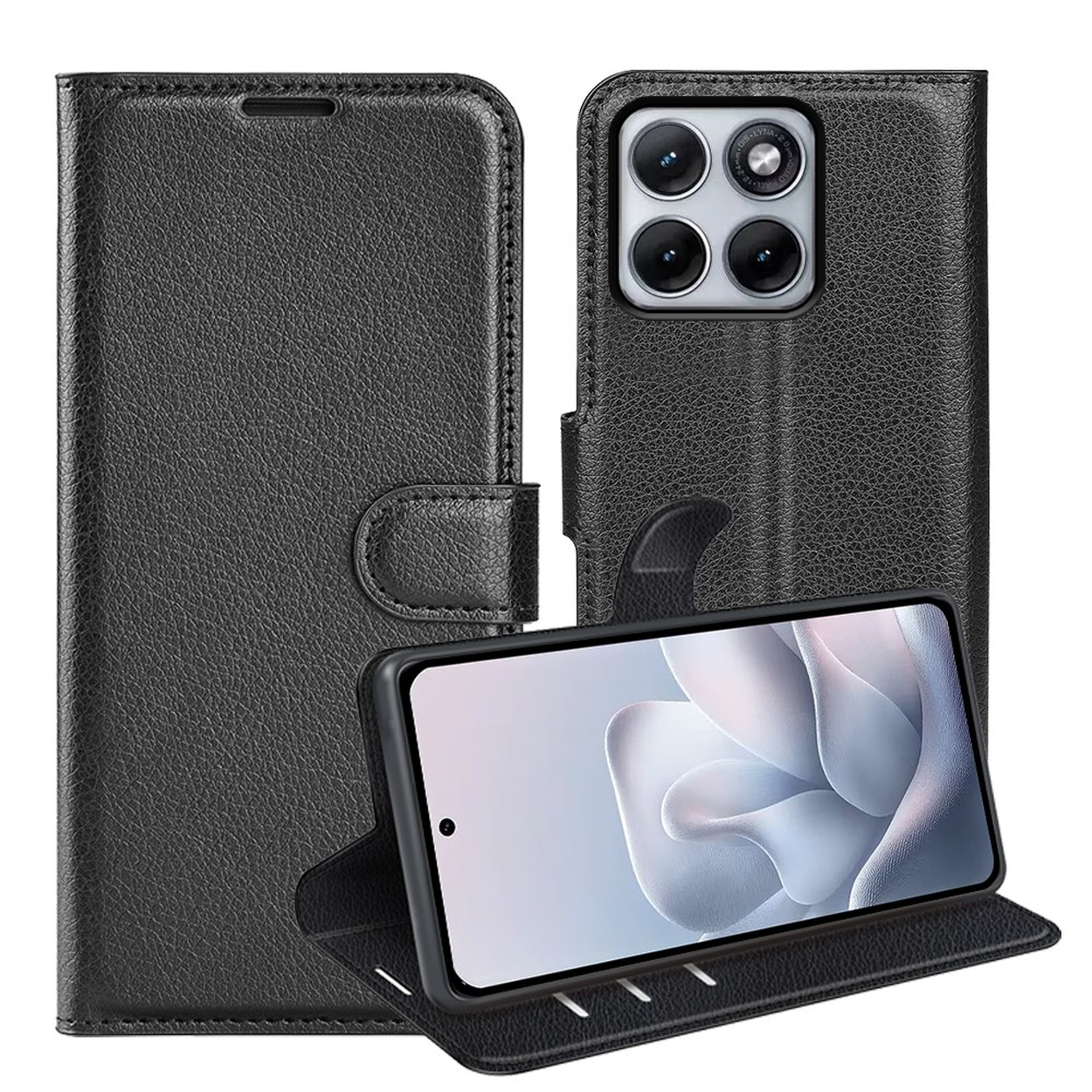 Étui en cuir noir pour téléphone avec un téléphone à l'intérieur, montrant caméra et écran.