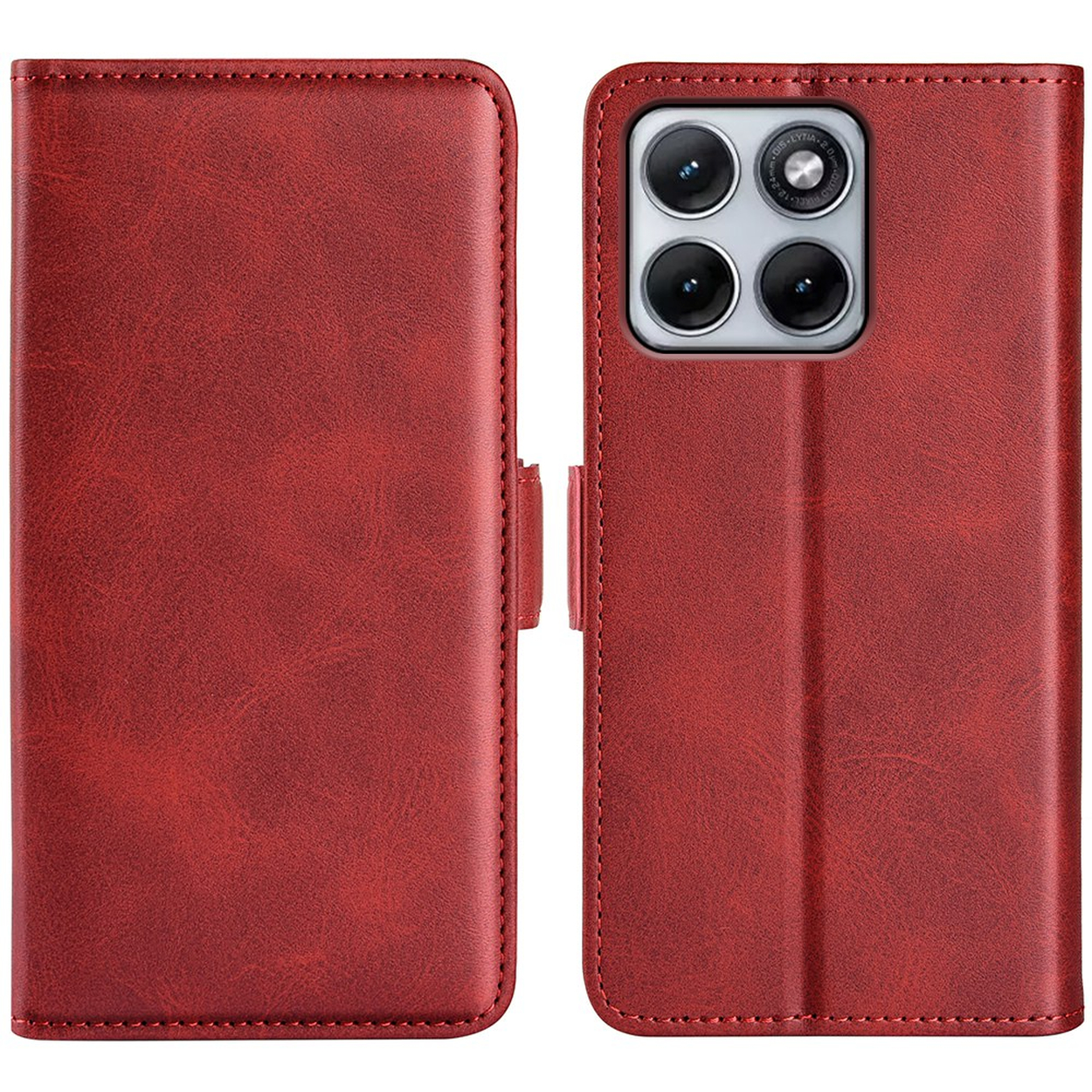 Étui de téléphone en cuir rouge, ouvert montrant le module caméra.