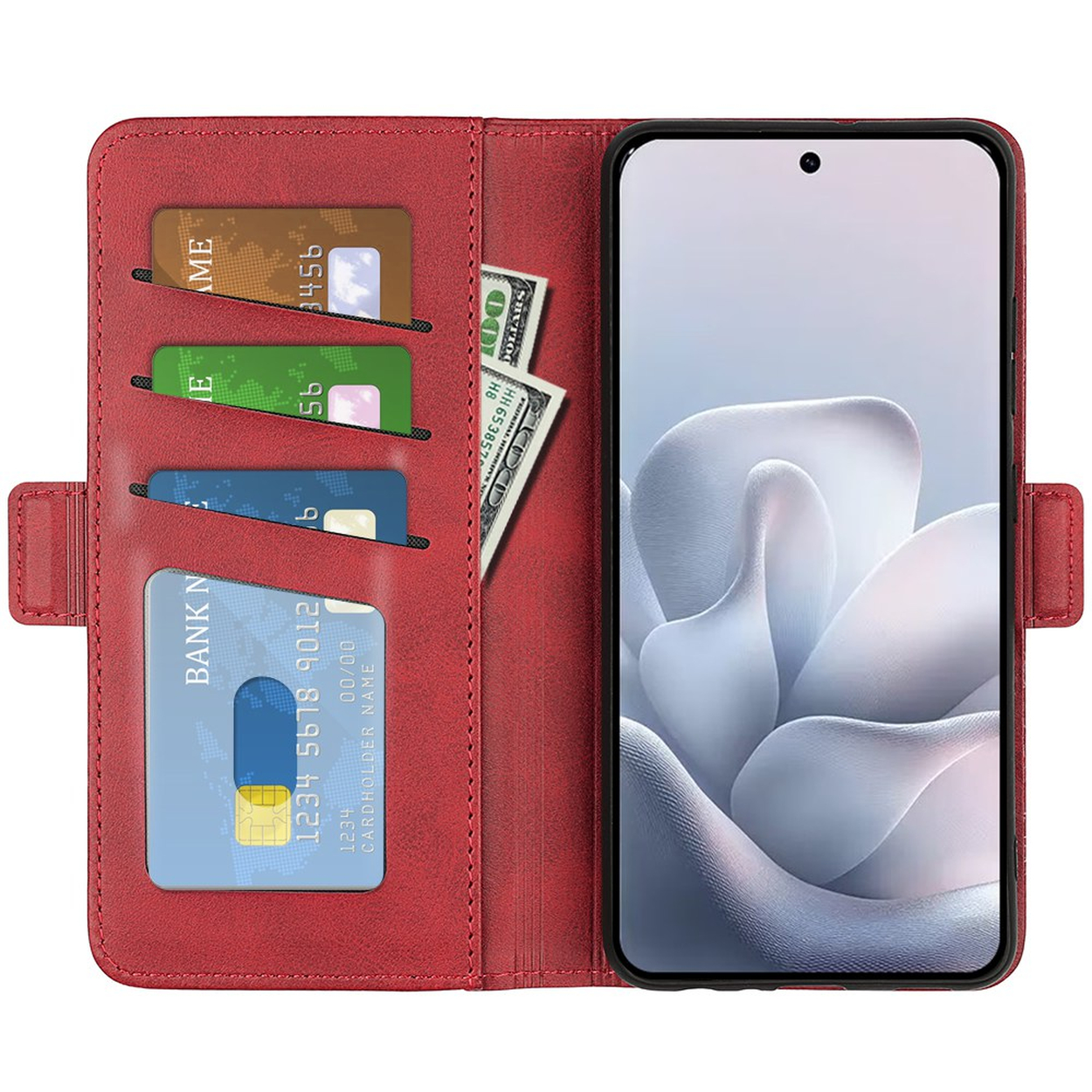 Portefeuille rouge avec téléphone, cartes et billets.