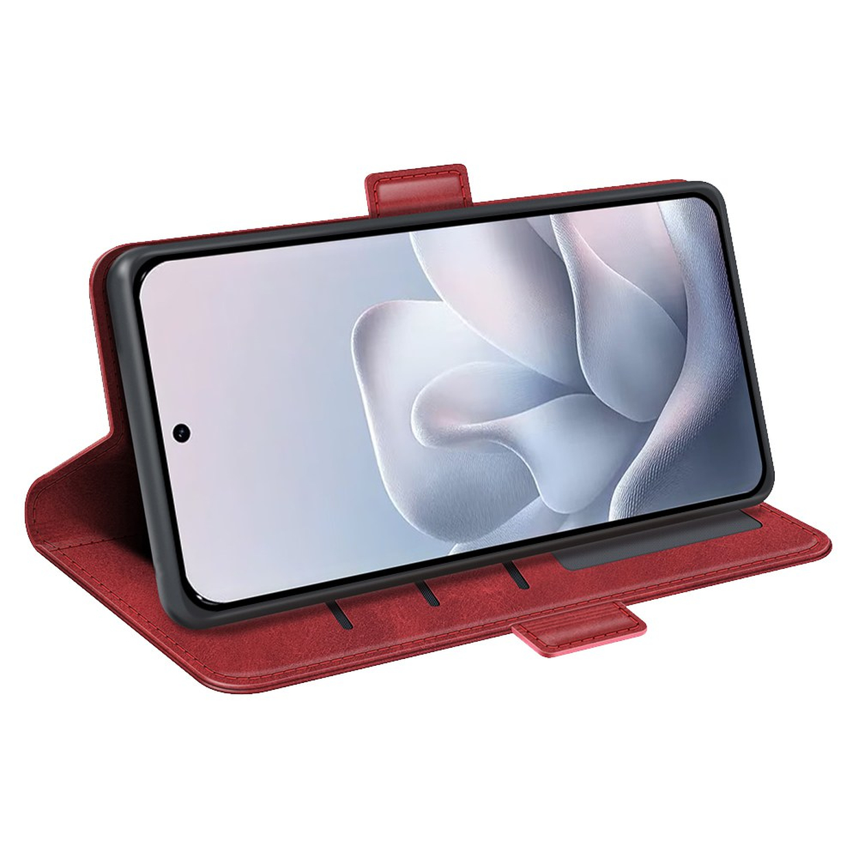 Étui de téléphone en cuir rouge ouvert, montrant un smartphone avec un fond d'écran floral.