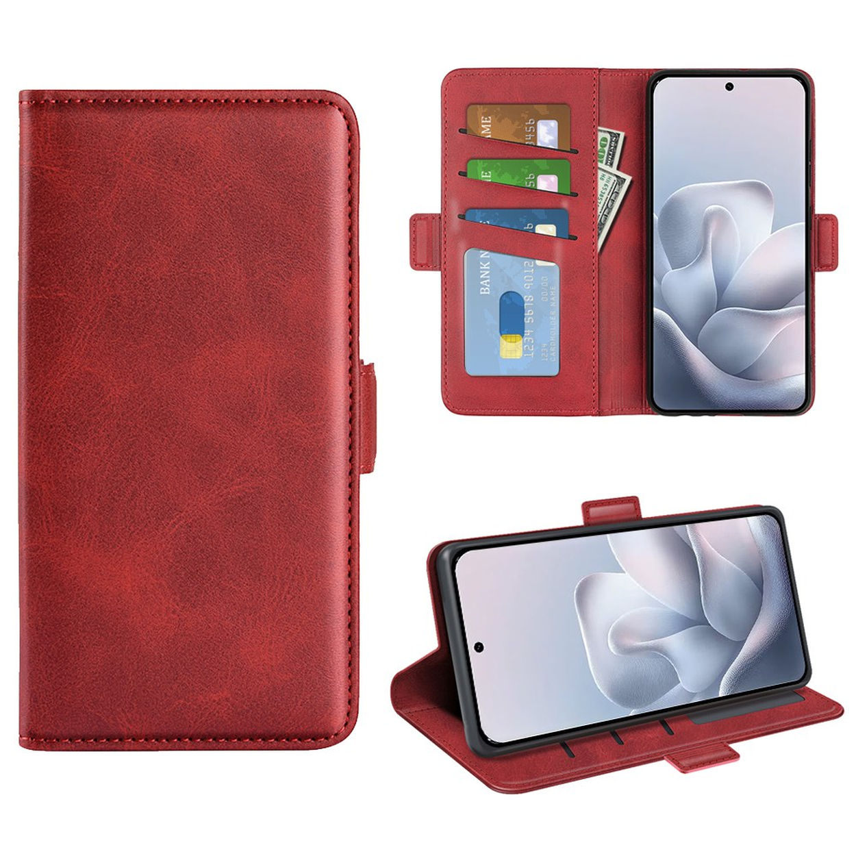 Étui portefeuille rouge avec fentes pour cartes et compartiment téléphone.
