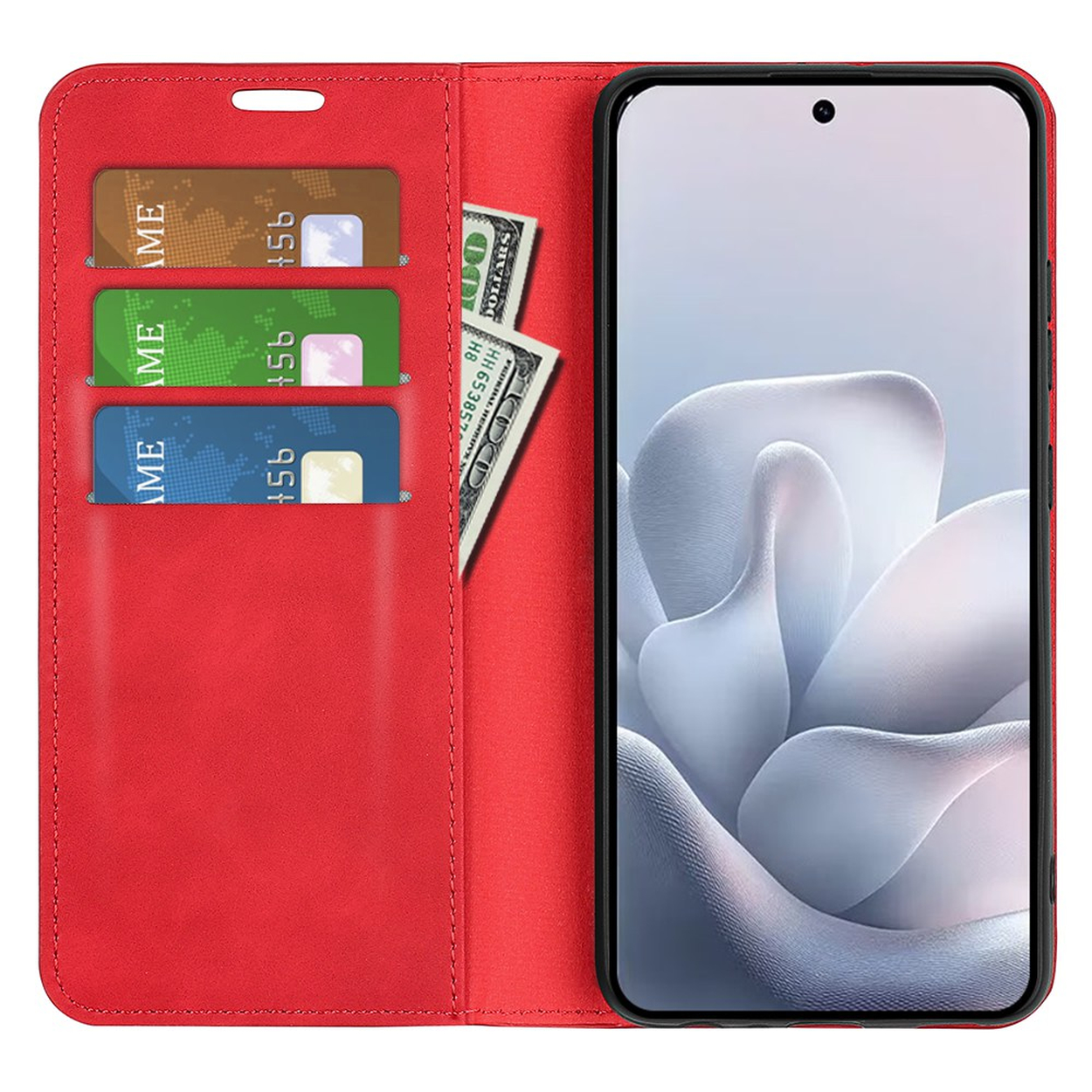 Rode telefoonhoes met kaartsleuven en contant geld; smartphone met heldere bloemenachtergrond.