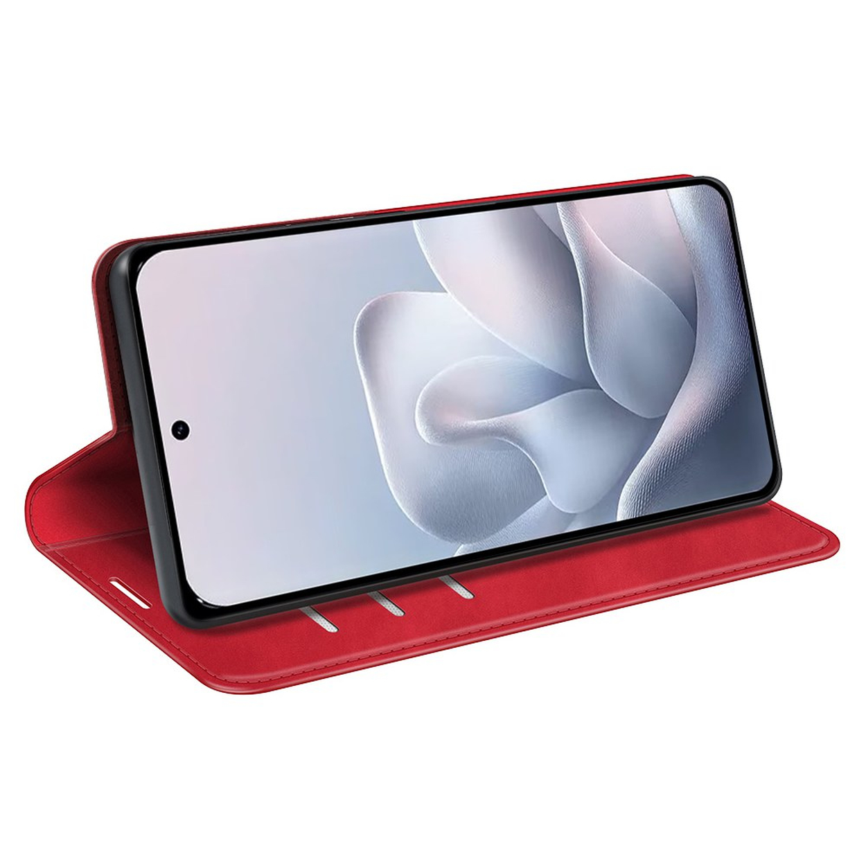 Een rode flipcase voor een smartphone, met het scherm waarop een lichtgrijs abstract behang staat.