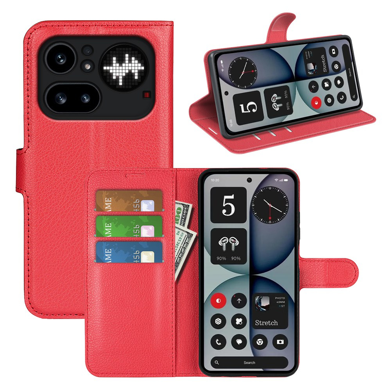 Étui de téléphone rouge avec fentes pour cartes et argent, affichant un smartphone.